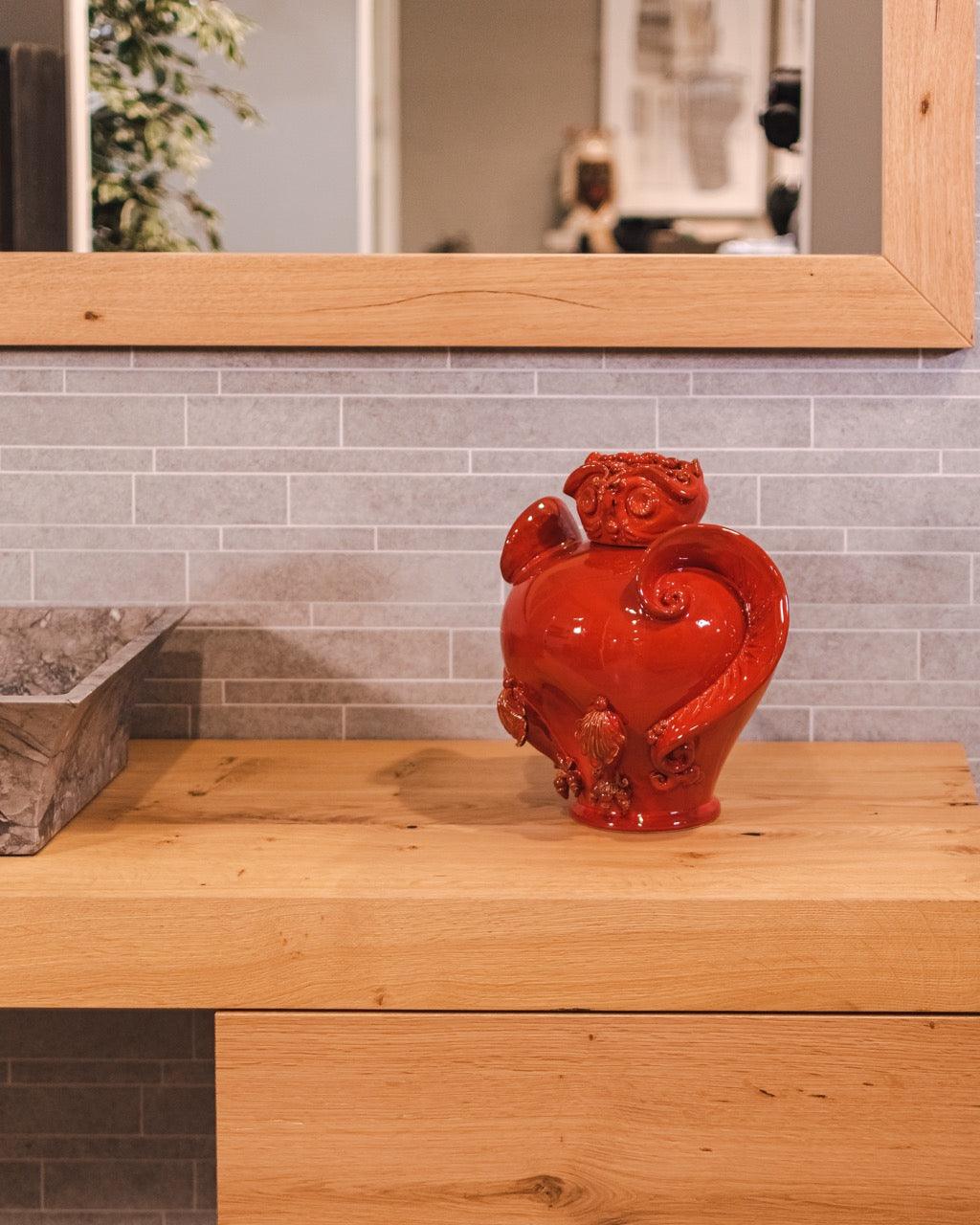 Gufo potiche h 30 Rosso Fuoco - Ceramiche di Caltagirone Sofia