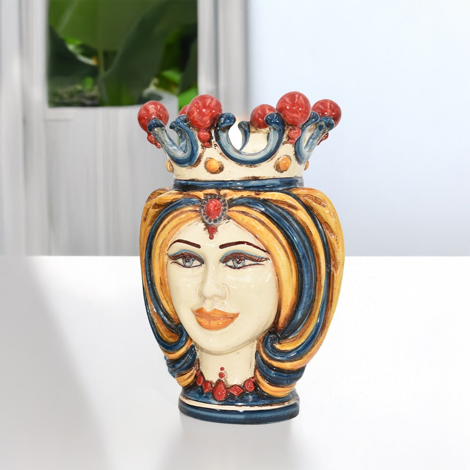 Head h 25 Blue/orange/red turban - Caltagirone Sofia ceramics