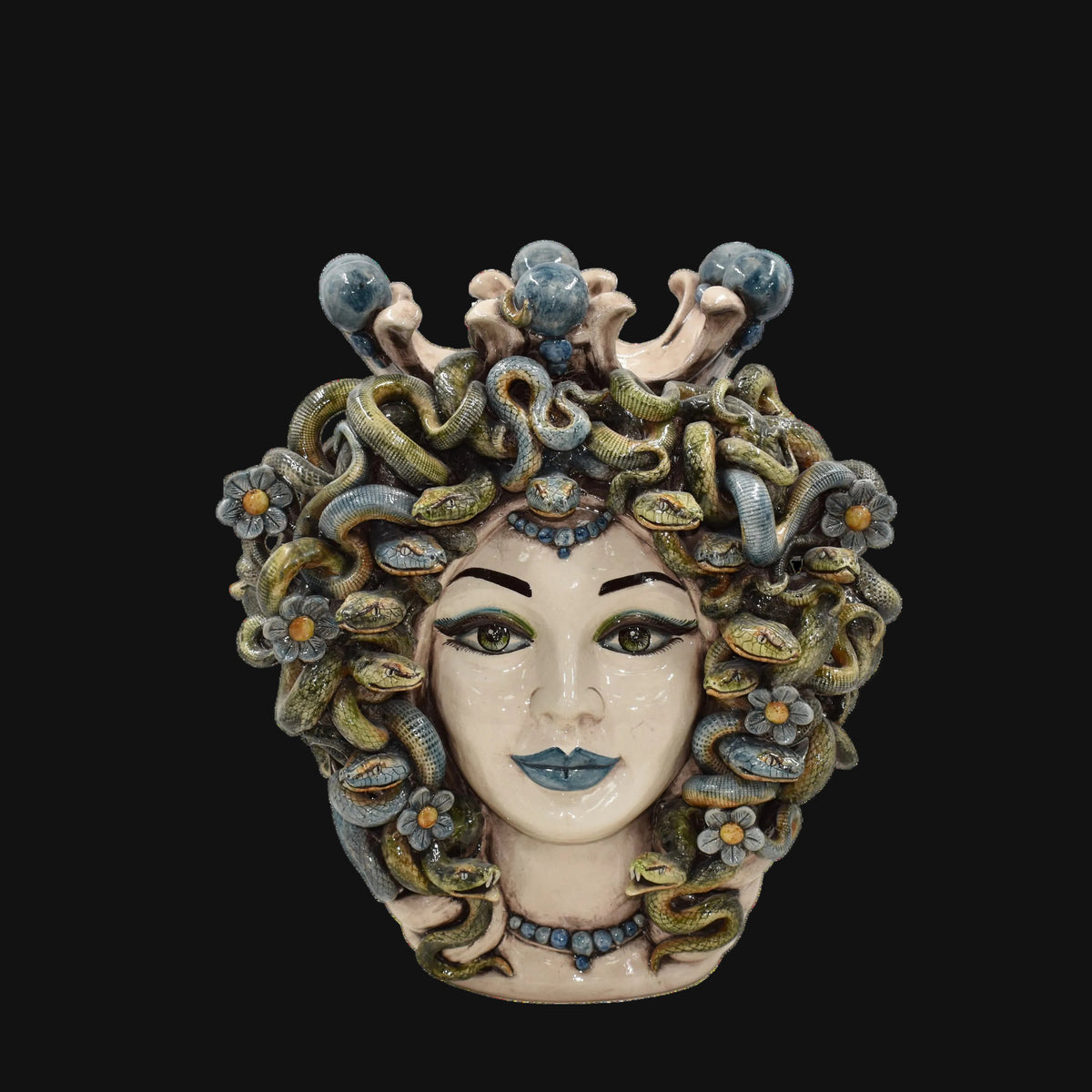 Medusa Head Vase with Blue Beads H 38 cm / 15", Antique Mother of Pearl – Testa di Moro from Caltagirone, Sicily