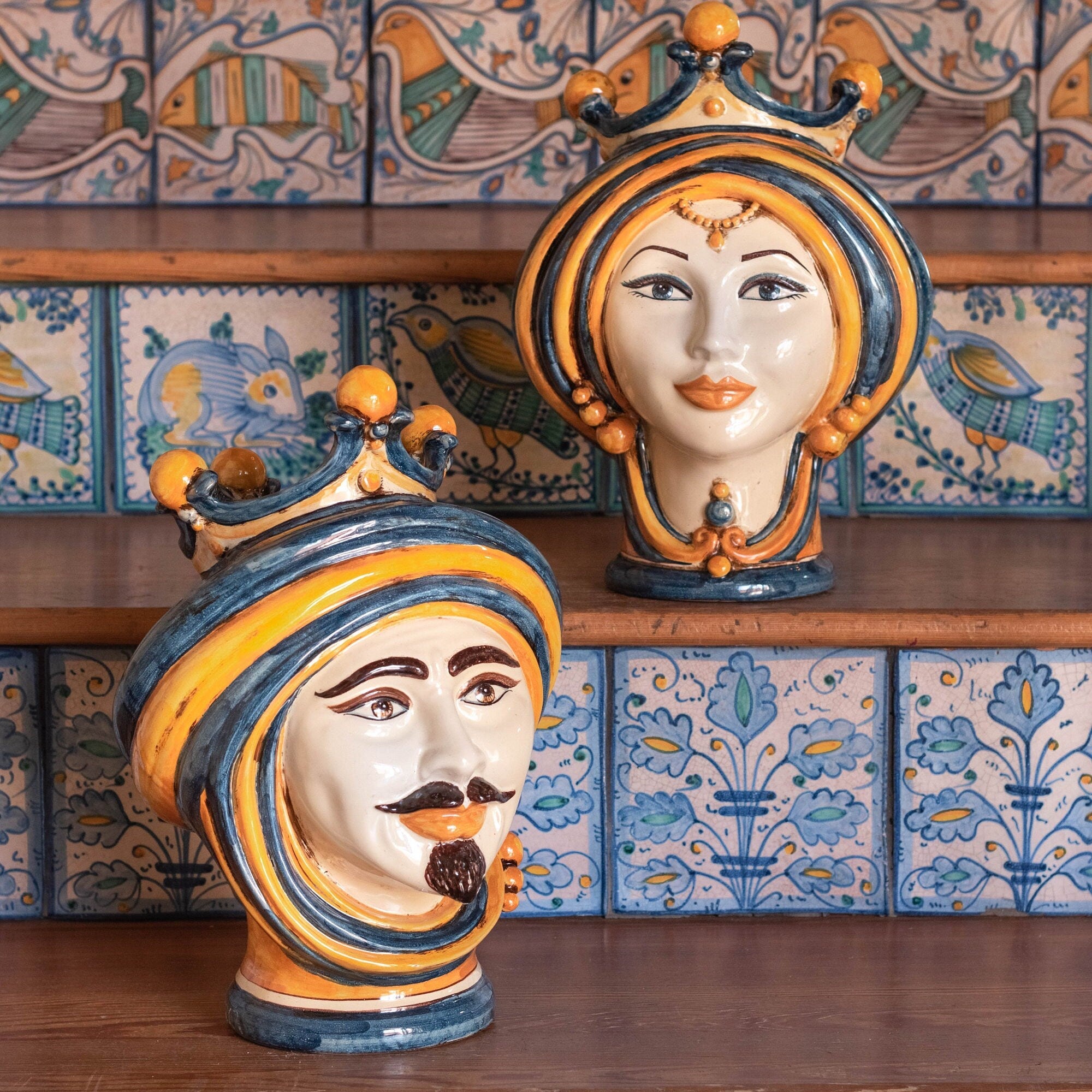 Testa di Moro in Ceramica di Caltagirone - Linea Blu e Arancio, H30 cm, Maschio
