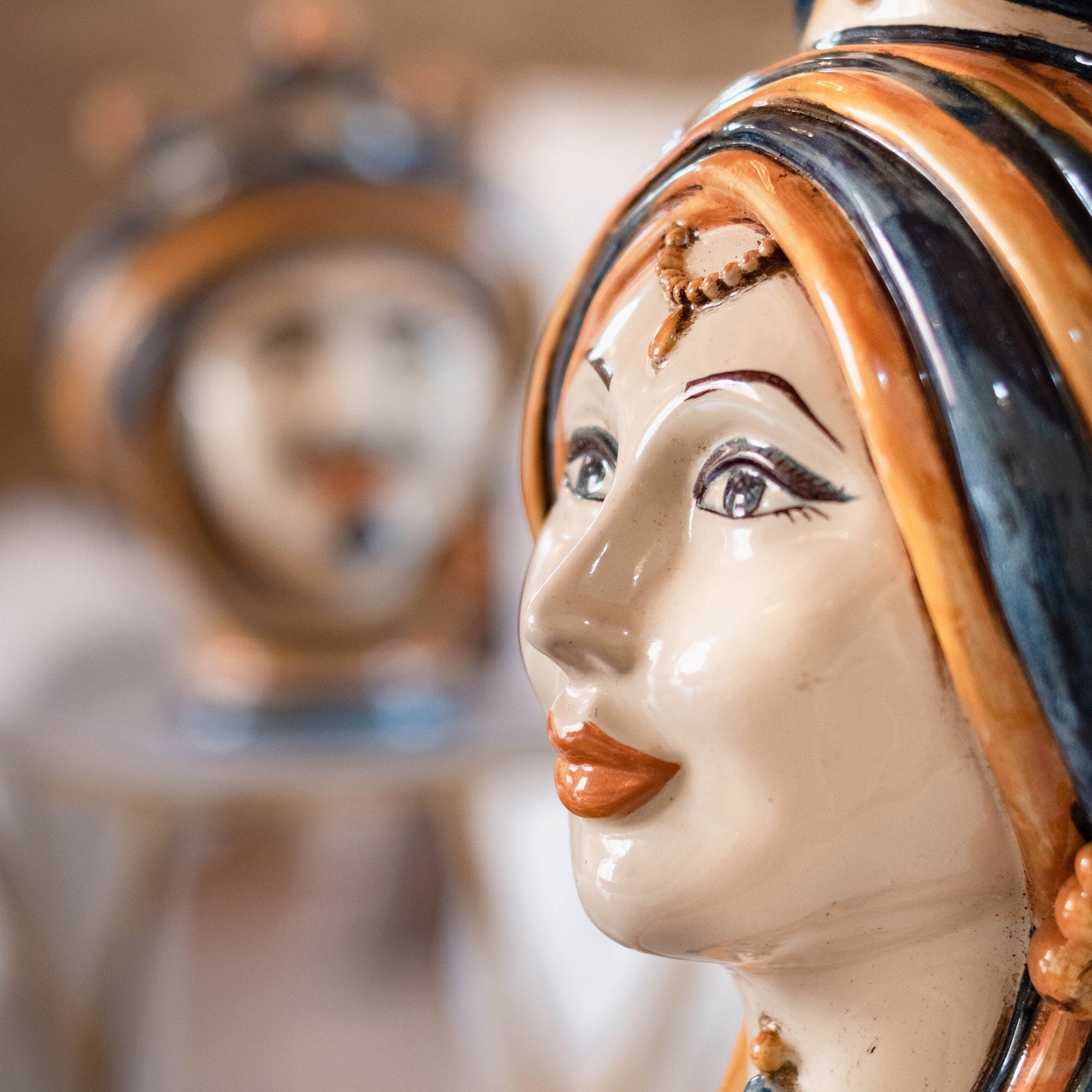 Caltagirone Ceramic Moor's Head - Blue and Orange Line, H 30 cm