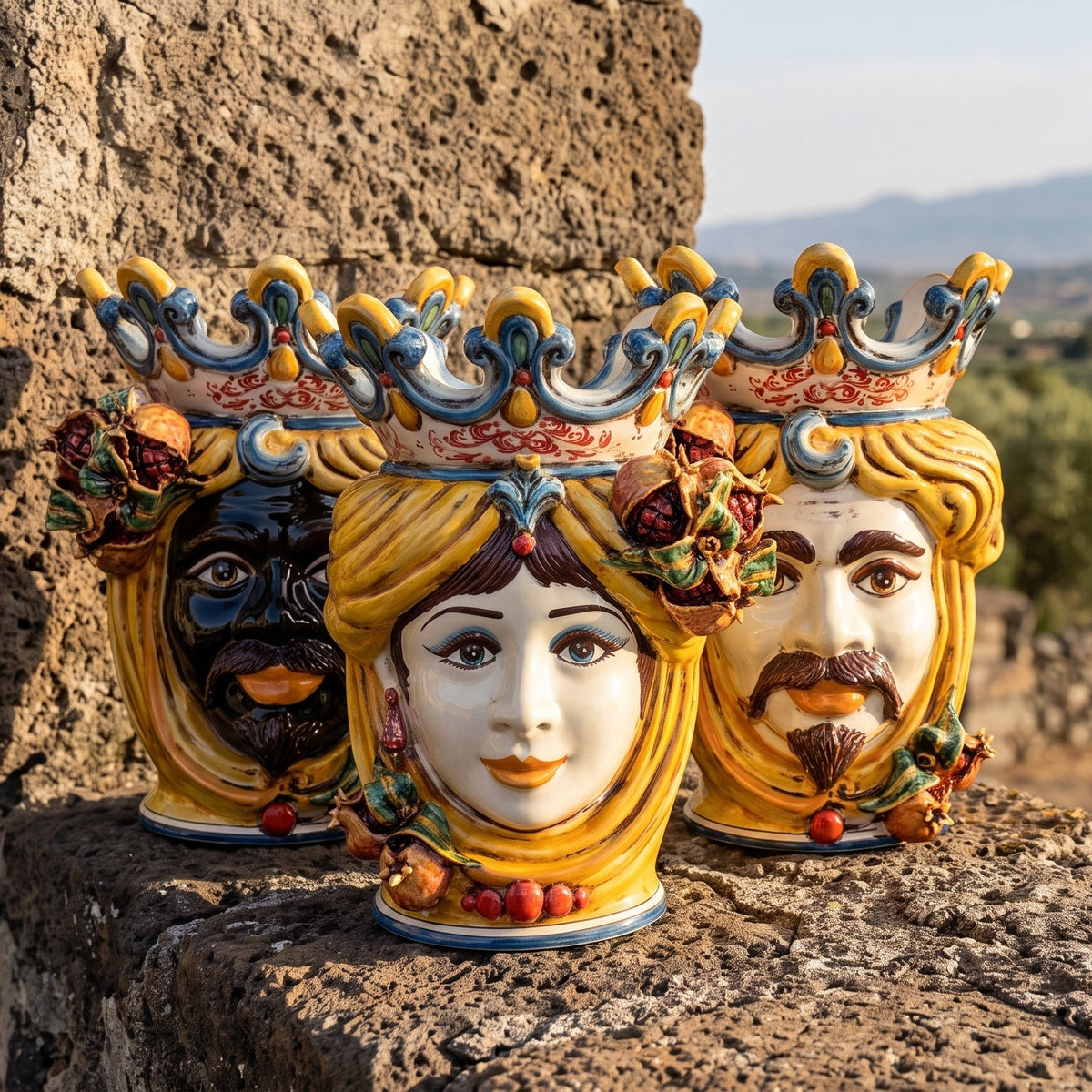 Moor's Head Vase with Pomegranates H 40 cm / 15.7", Male, Yellow and Orange – Testa di Moro from Caltagirone, Sicily