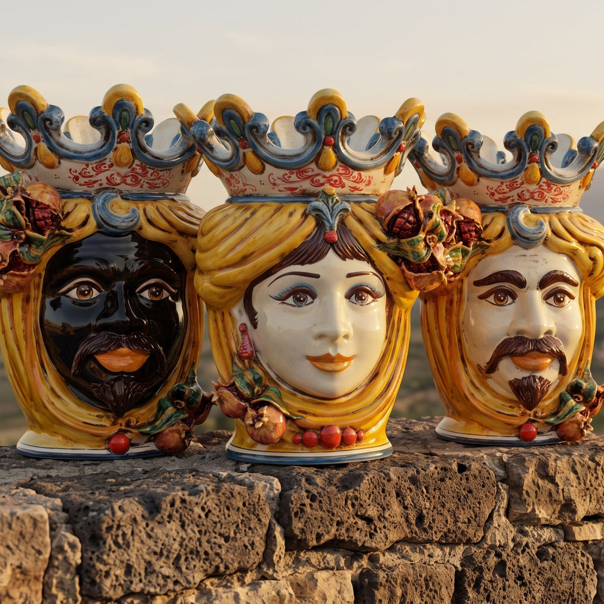 Moor's Head Vase with Pomegranates H 40 cm / 15.7", Male, Yellow and Orange – Testa di Moro from Caltagirone, Sicily