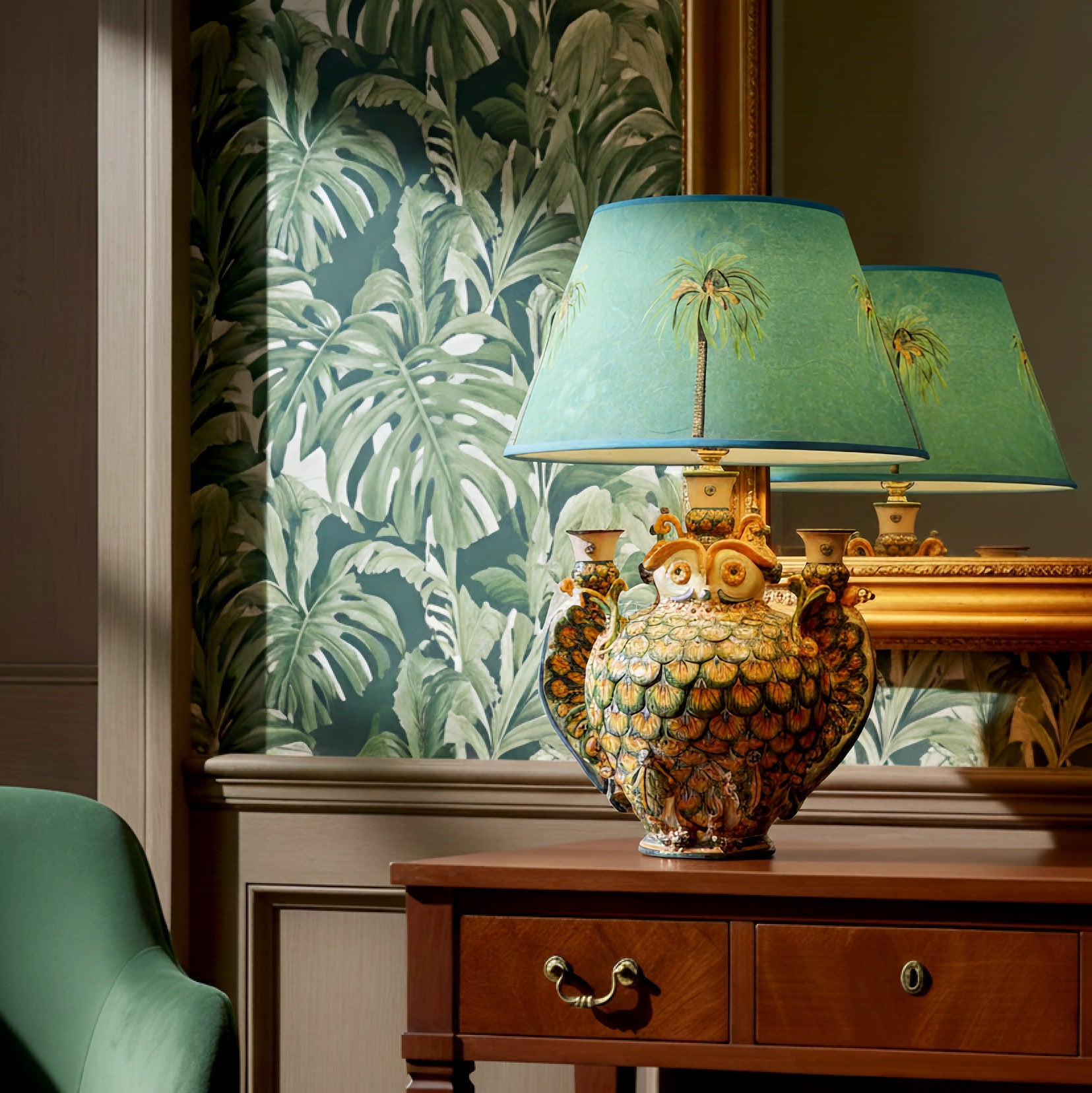 Lume a gufo c/portacandele h 35 coda pavone verde/arancio (h60 c/paralume Ø40) - Ceramiche di Caltagirone Sofia