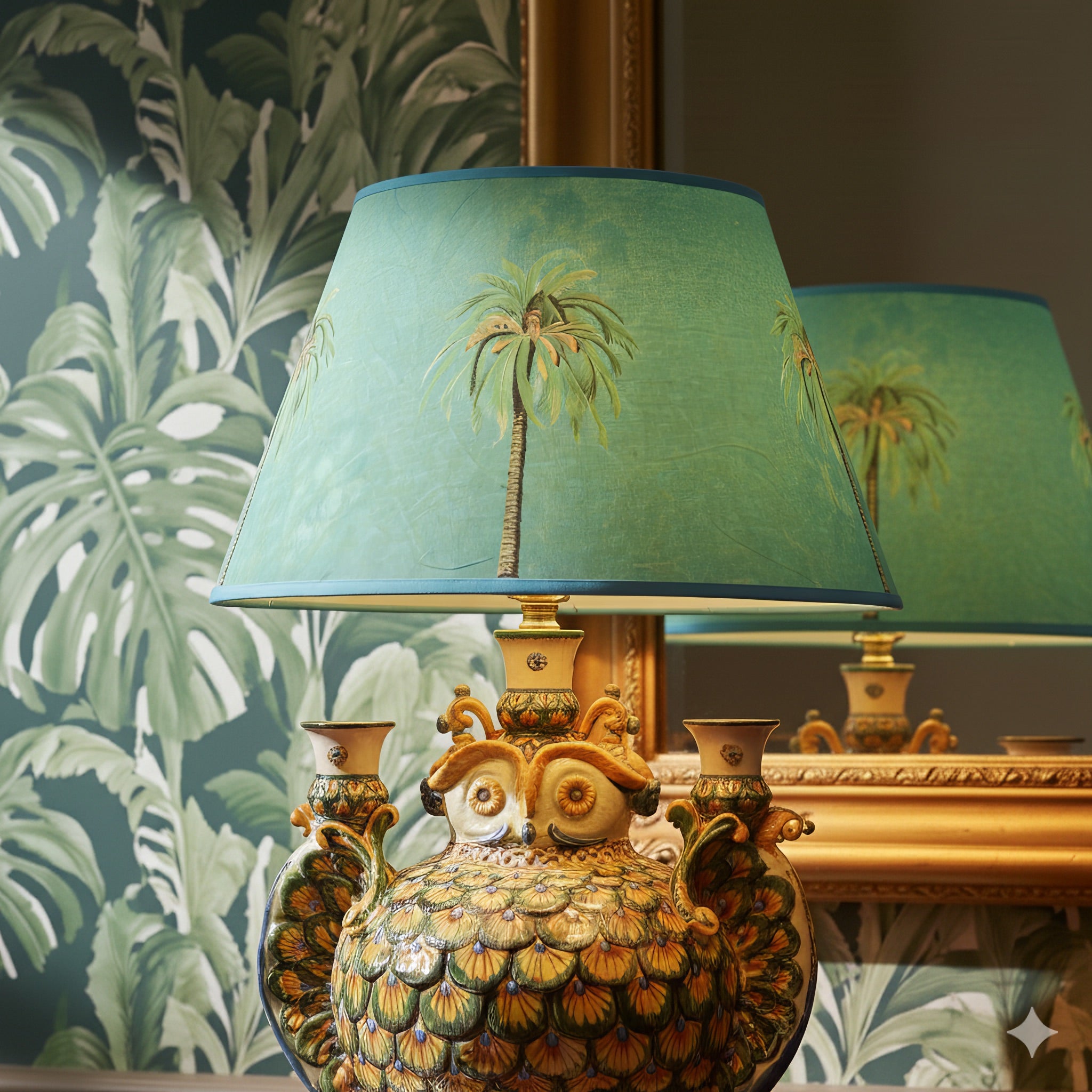 Lume a gufo c/portacandele h 35 coda pavone verde/arancio (h60 c/paralume Ø40) - Ceramiche di Caltagirone Sofia