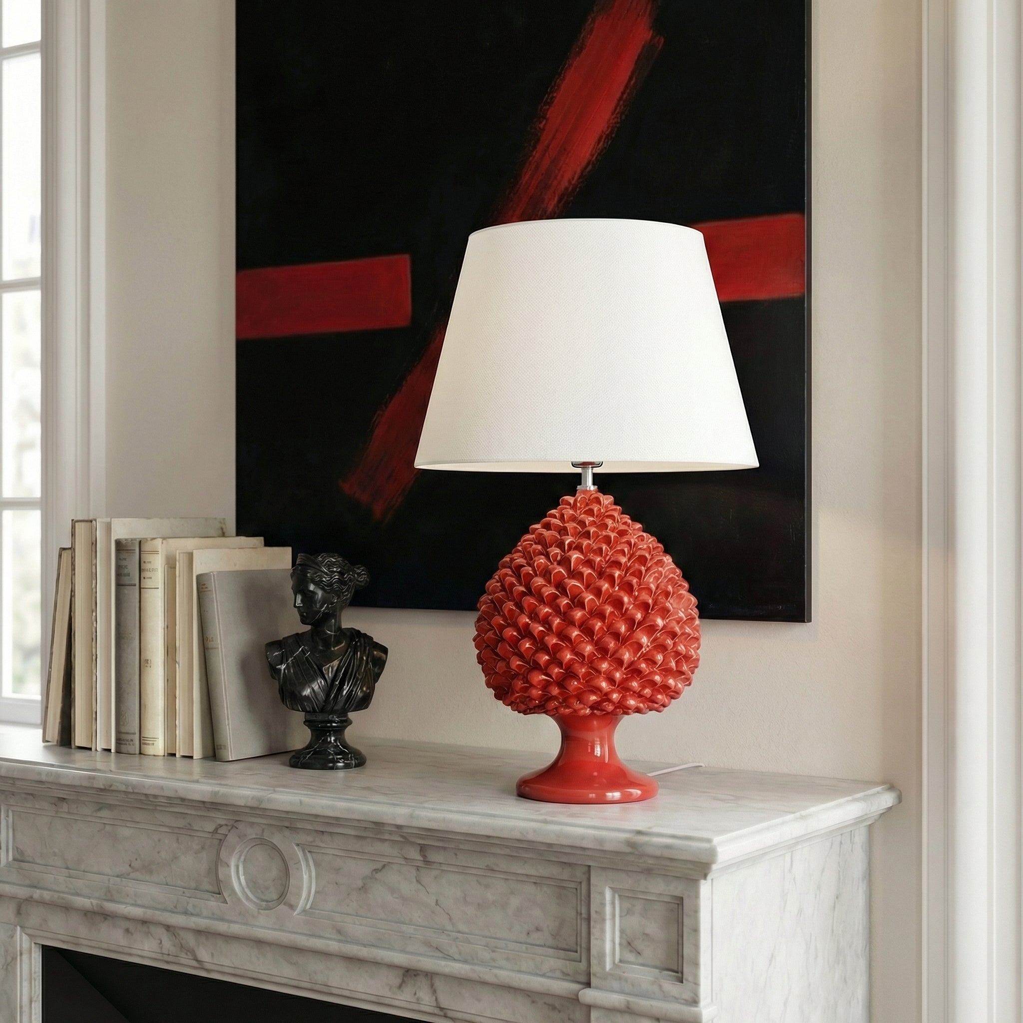 Sicilian Pine Cone Lamp, Fire Red – Caltagirone Ceramic – Italian ceramic lamp tradition