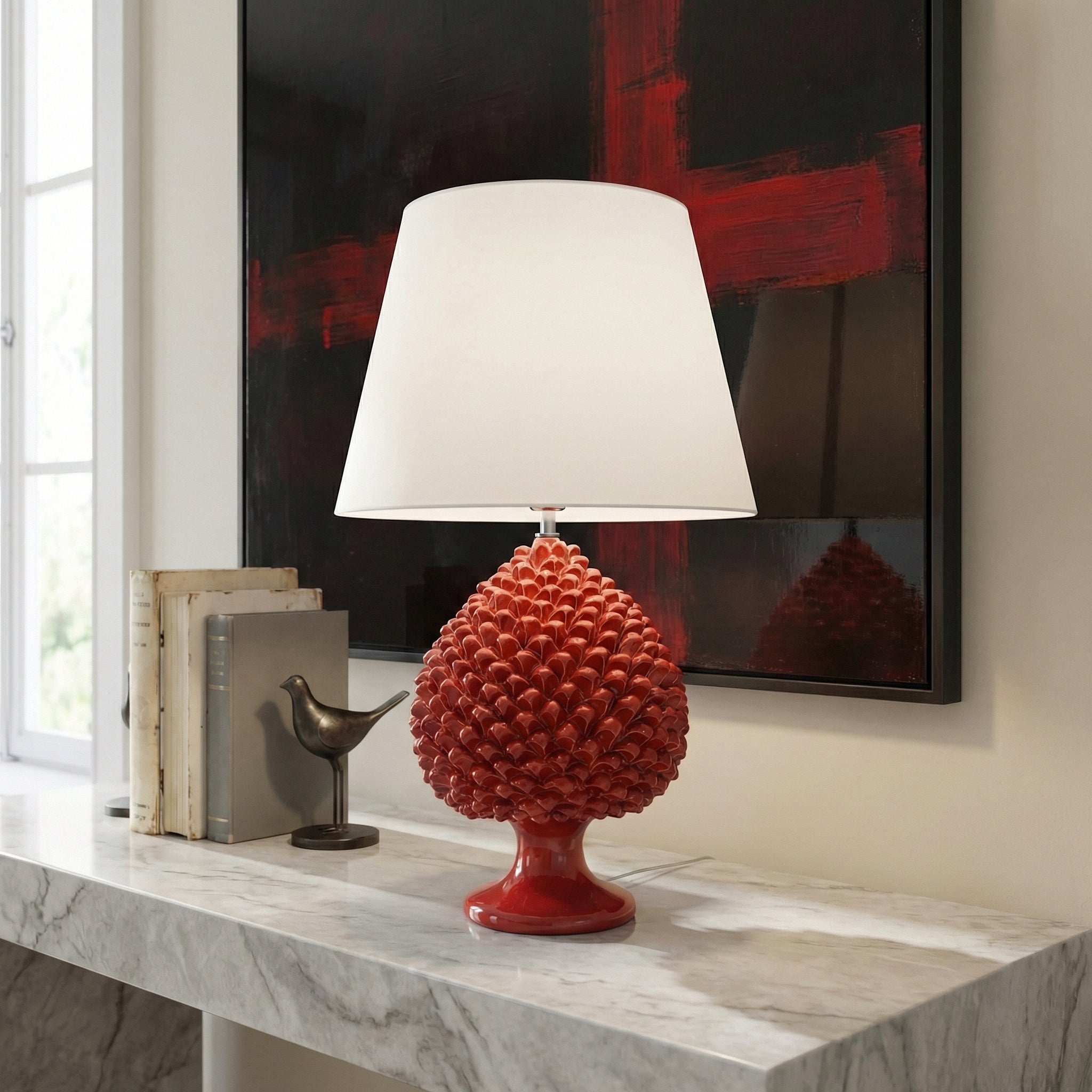 Sicilian Pine Cone Lamp, Fire Red – Caltagirone Ceramic – Italian ceramic lamp tradition
