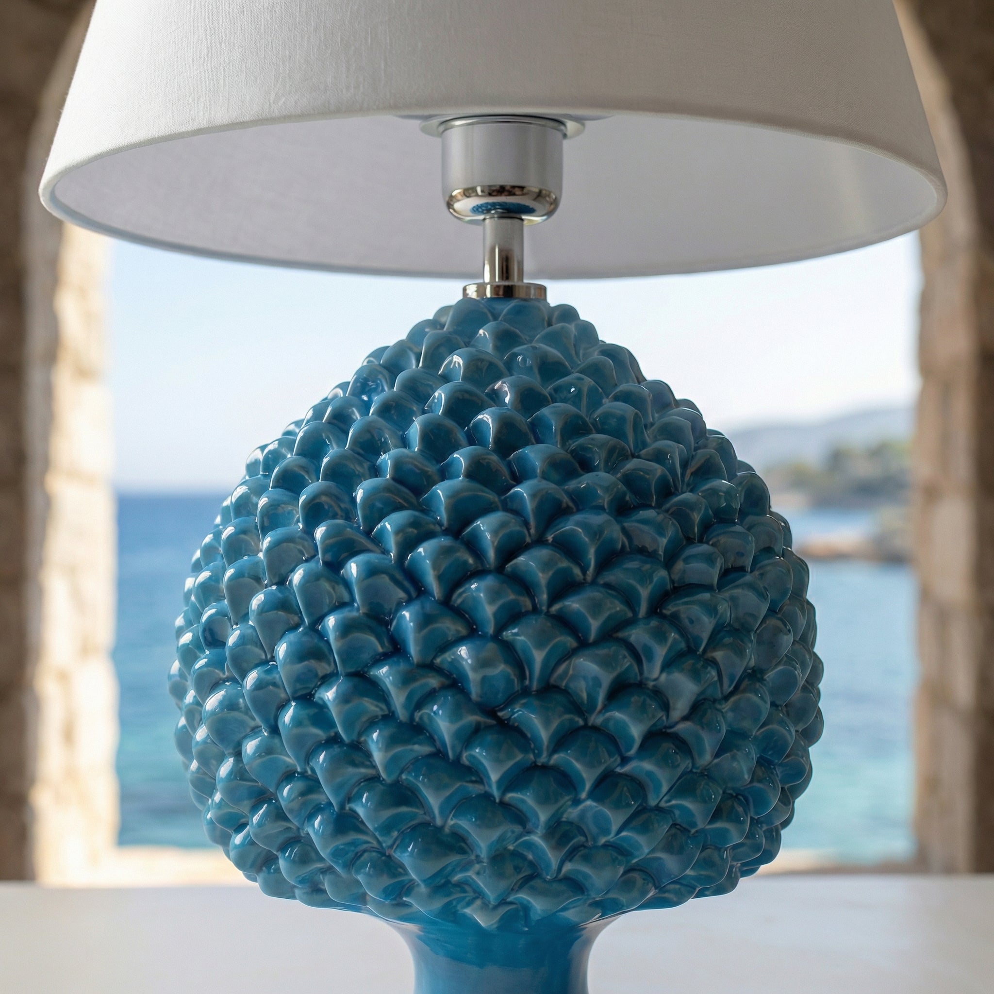 Sicilian Pine Cone Lamp, Turquoise – Sicilian ceramic lamp handcrafted in Caltagirone