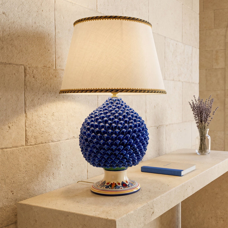 Pine Cone Table Lamp Deep Blue H 30 cm / 11¾" in Caltagirone Ceramic — Decoro Sicily