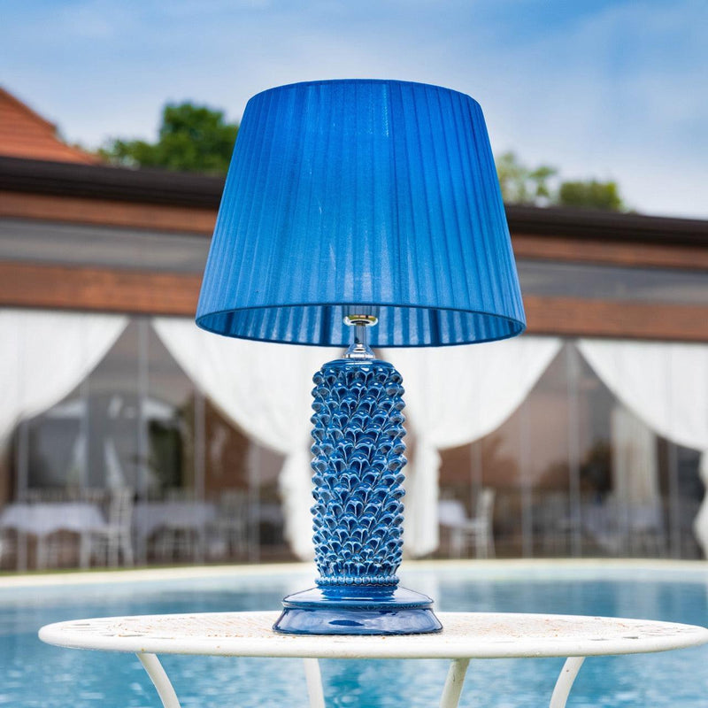 Pine cone lamp, cylindrical, h 60 cm, intense blue, in Caltagirone ceramic.