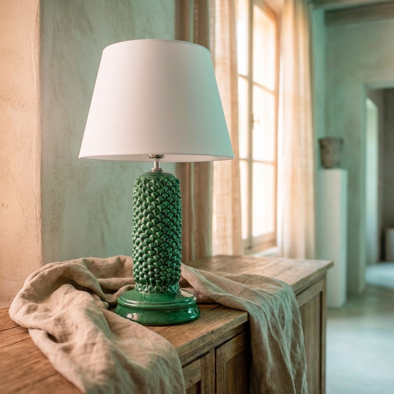 Caltagirone Ceramic Pine Cone Lamp H 60 cm / 24" — Emerald Green