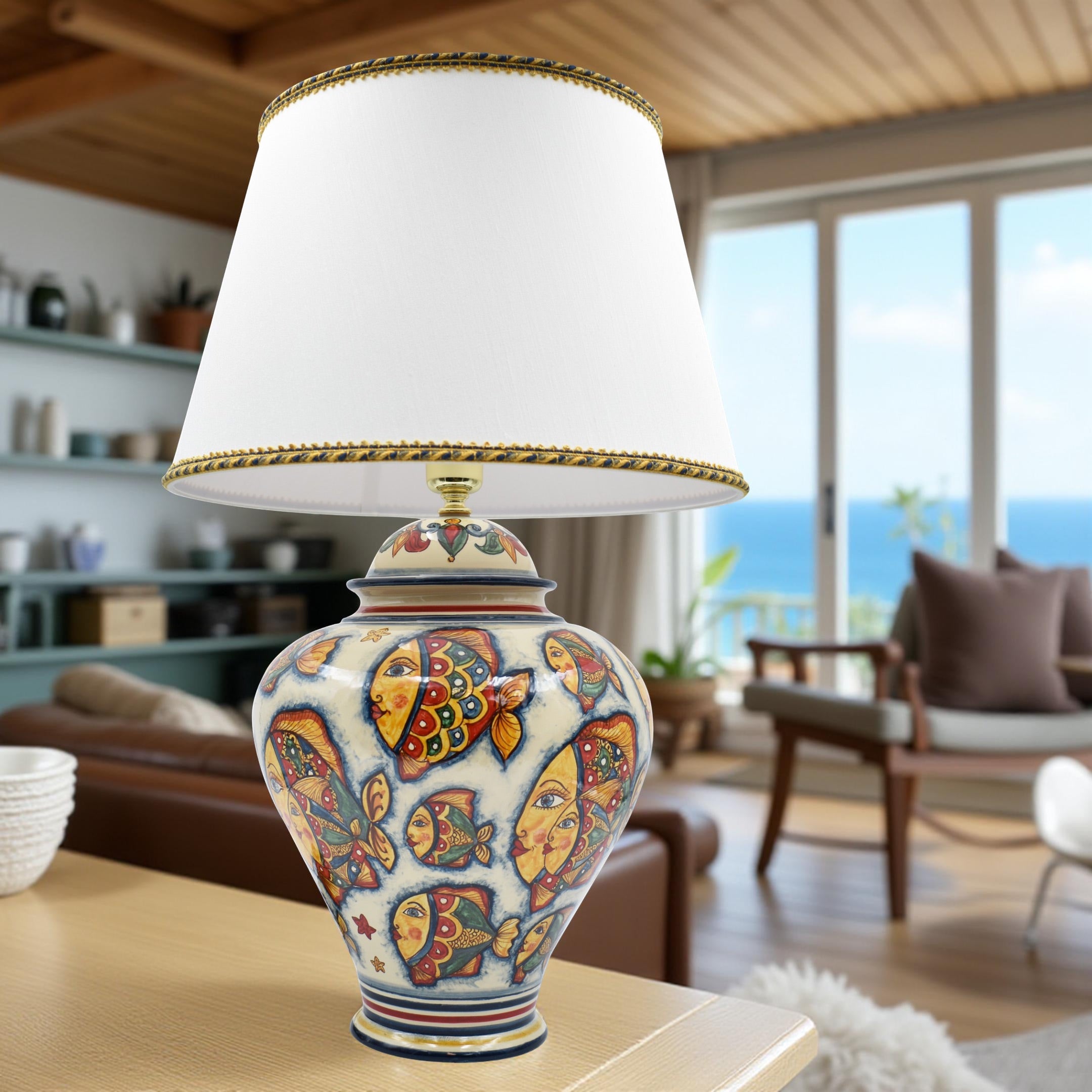 Lume Potiche Decoro Pesci in ceramica di Caltagirone (h65 c/paralume Ø40) - Ceramiche di Caltagirone Sofia