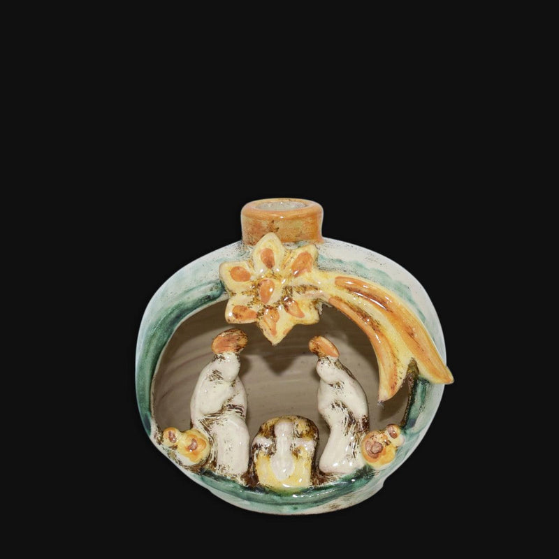 Sicilian Nativity Scene H 10 cm / 3.9", Green and Orange – Caltagirone Ceramic – Sicilian artisan tradition