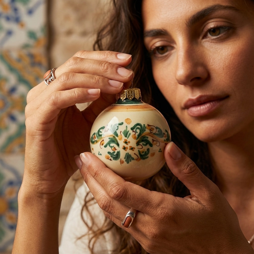 Donna tiene pallina di Natale in ceramica Caltagirone fatti a mano, decorata artigianalmente.