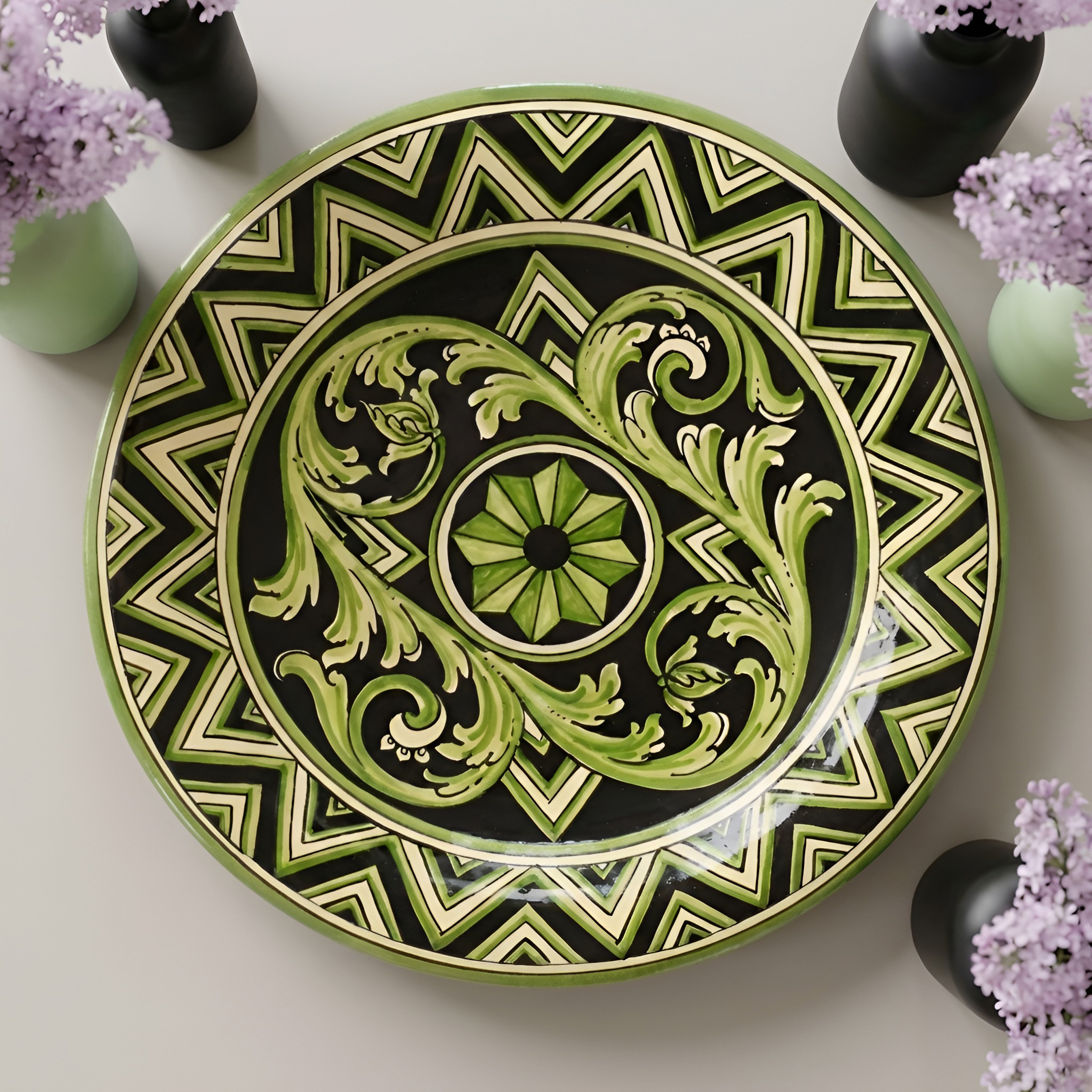 Sicilian Decorative Wall Plate Ø 40 cm / Ø 15.7", Linea Parigi – Italian ceramic from Caltagirone, Sicily