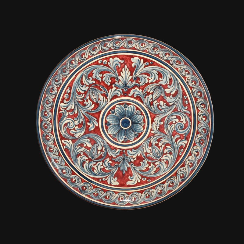 Ornamental plate decorated in blue/burgundy in handmade ceramic from Caltagirone.