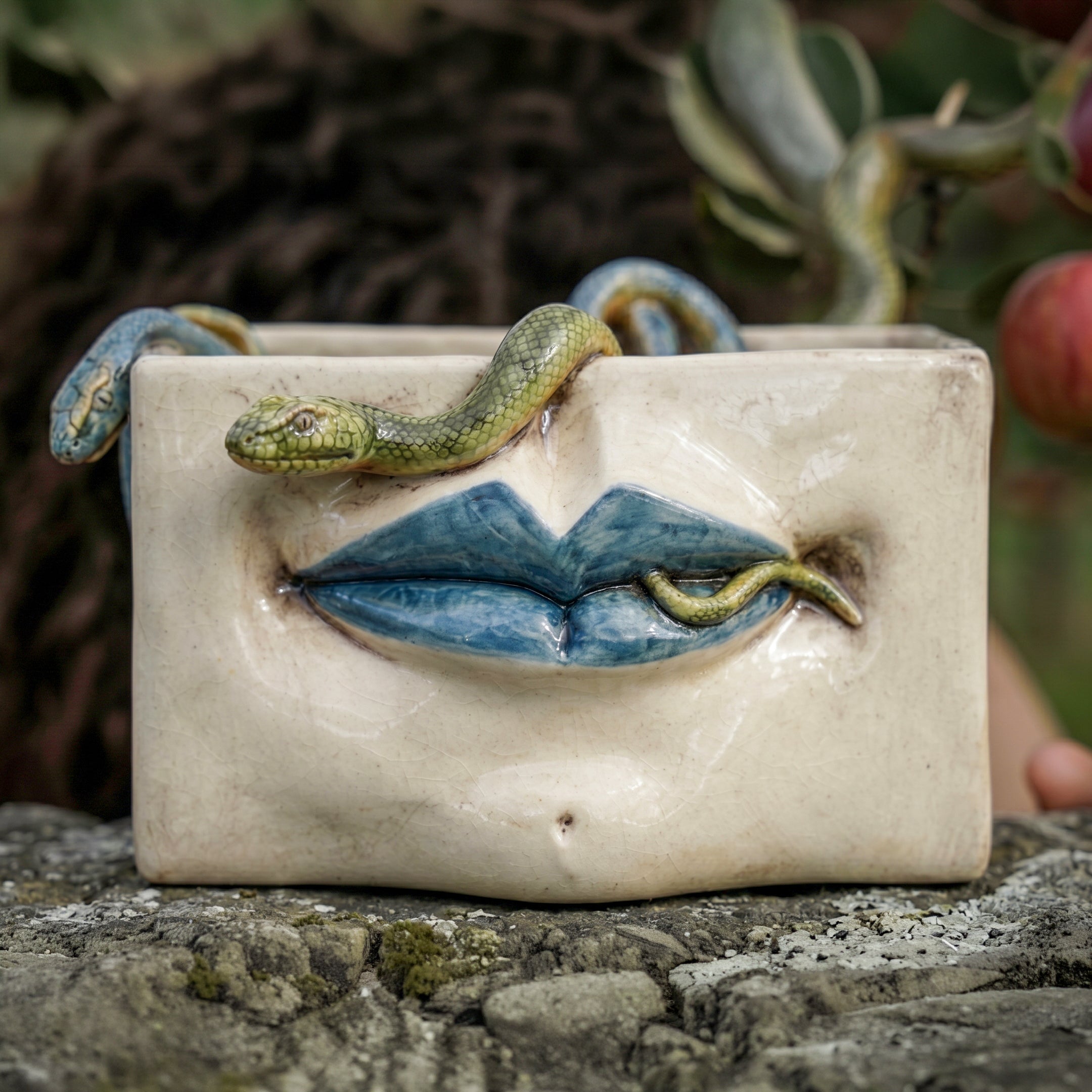 Caltagirone Ceramic Medusa Box — Blue Lips and Applied Snakes, Antique Mother of Pearl