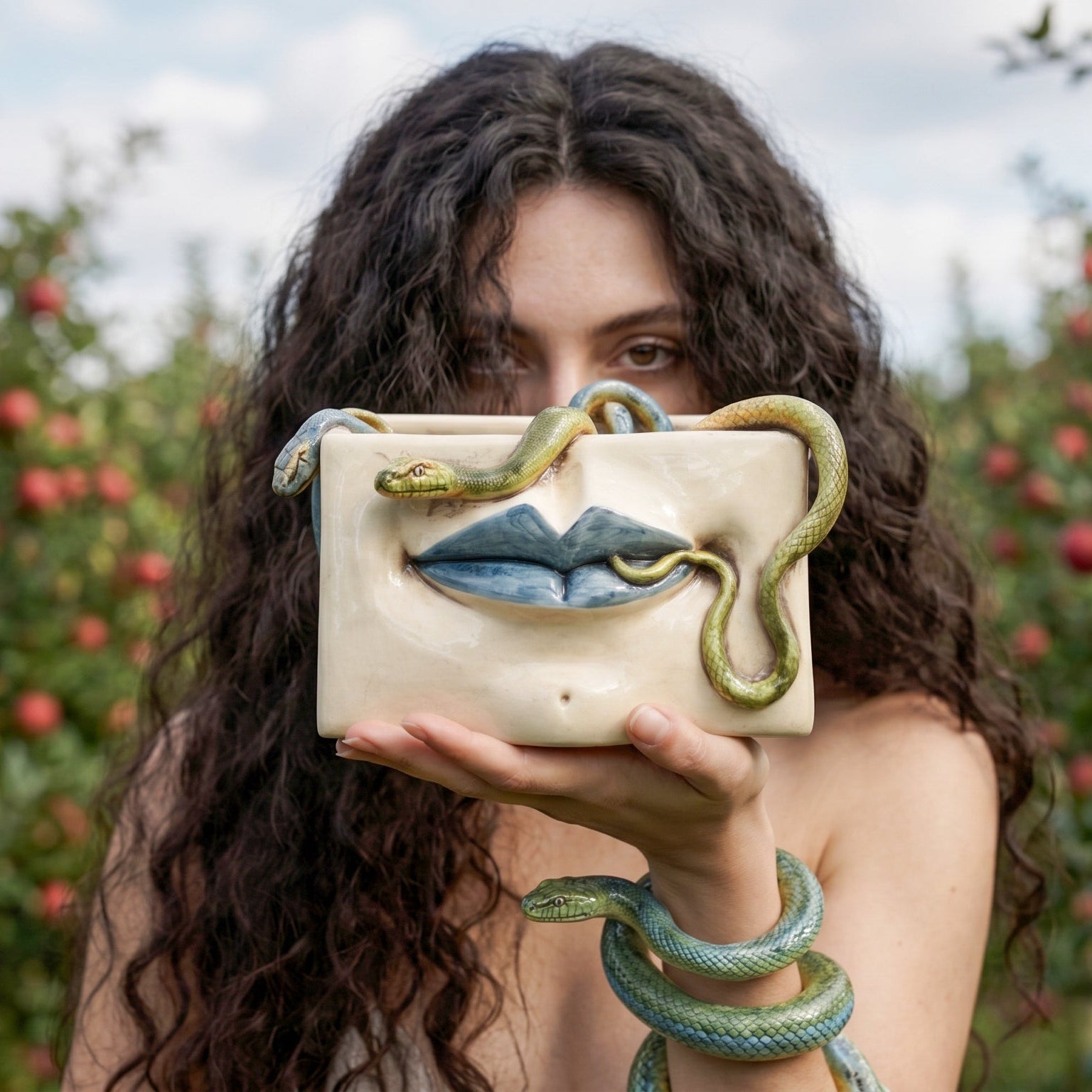 Caltagirone Ceramic Medusa Box — Blue Lips and Applied Snakes, Antique Mother of Pearl