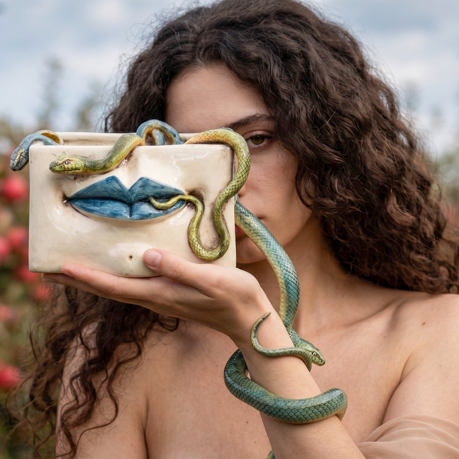 Caltagirone Ceramic Medusa Box — Blue Lips and Applied Snakes, Antique Mother of Pearl