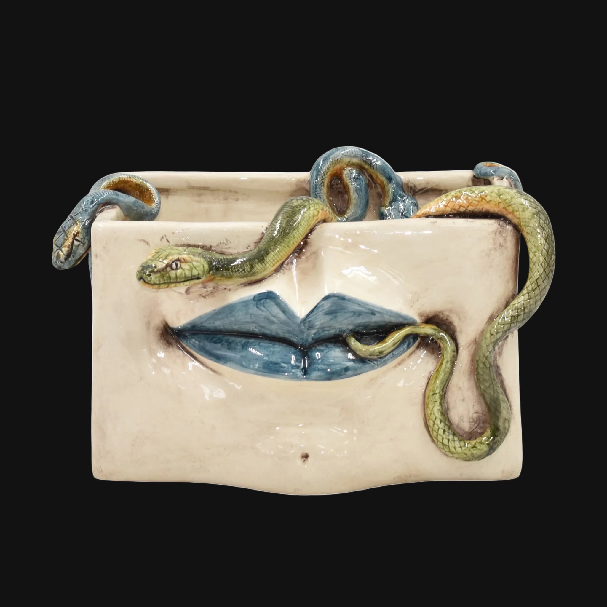 Caltagirone Ceramic Medusa Box — Blue Lips and Applied Snakes, Antique Mother of Pearl