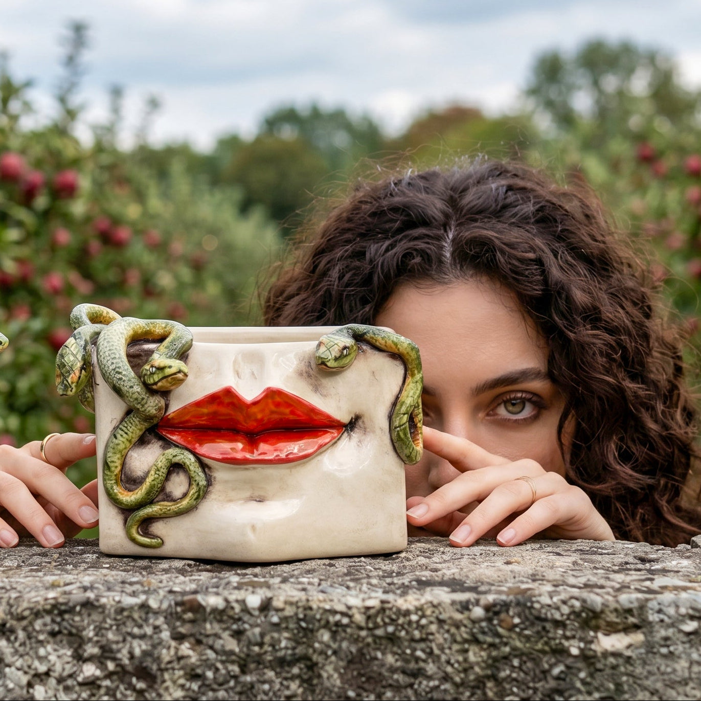 Caltagirone Ceramic Medusa Box — Gold and Lustre Lips, Applied Snakes, Antique Mother of Pearl