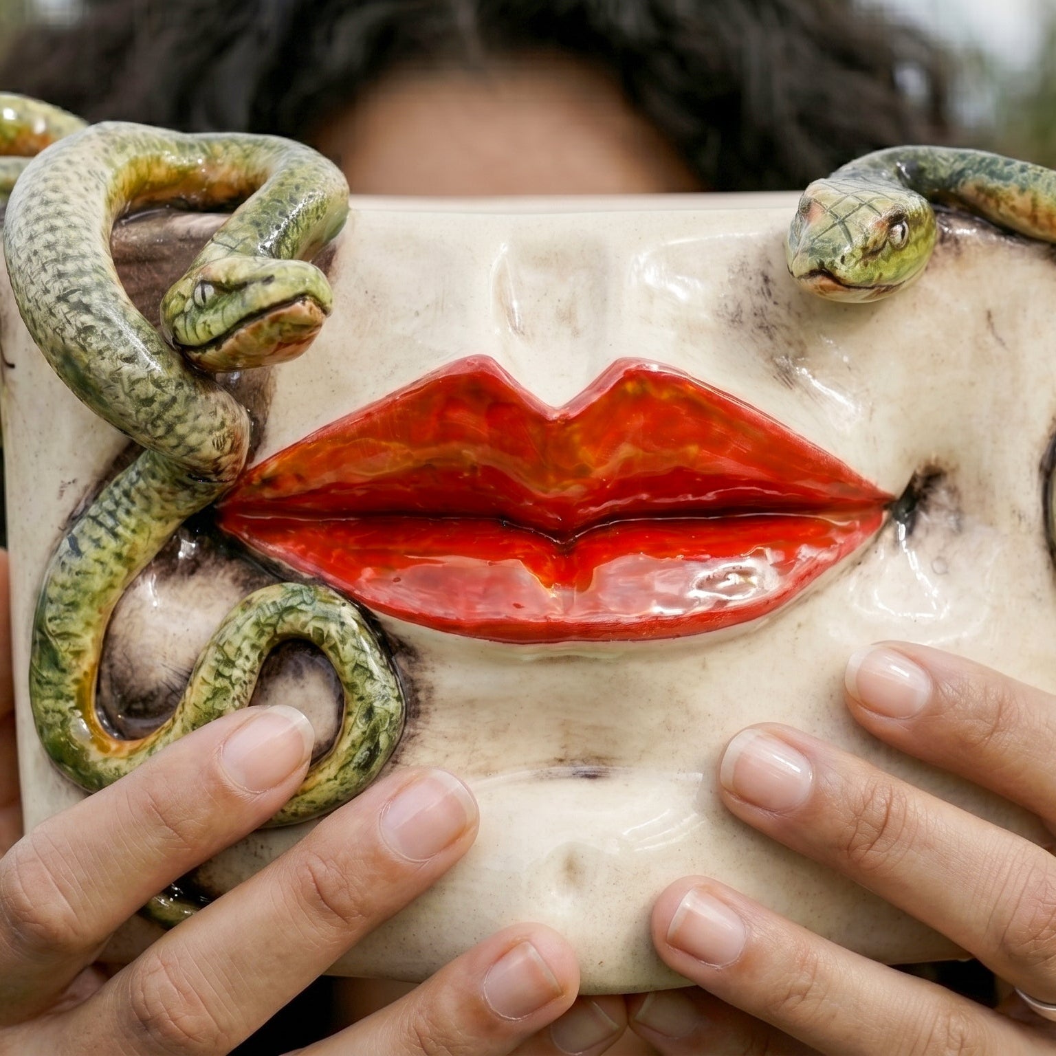 Caltagirone Ceramic Medusa Box — Gold and Lustre Lips, Applied Snakes, Antique Mother of Pearl