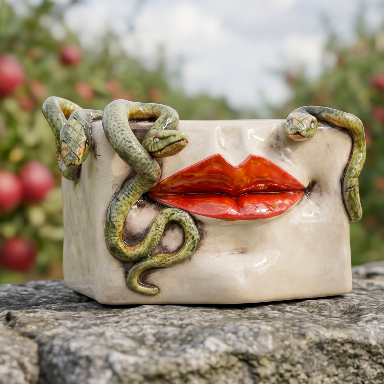 Caltagirone Ceramic Medusa Box — Gold and Lustre Lips, Applied Snakes, Antique Mother of Pearl