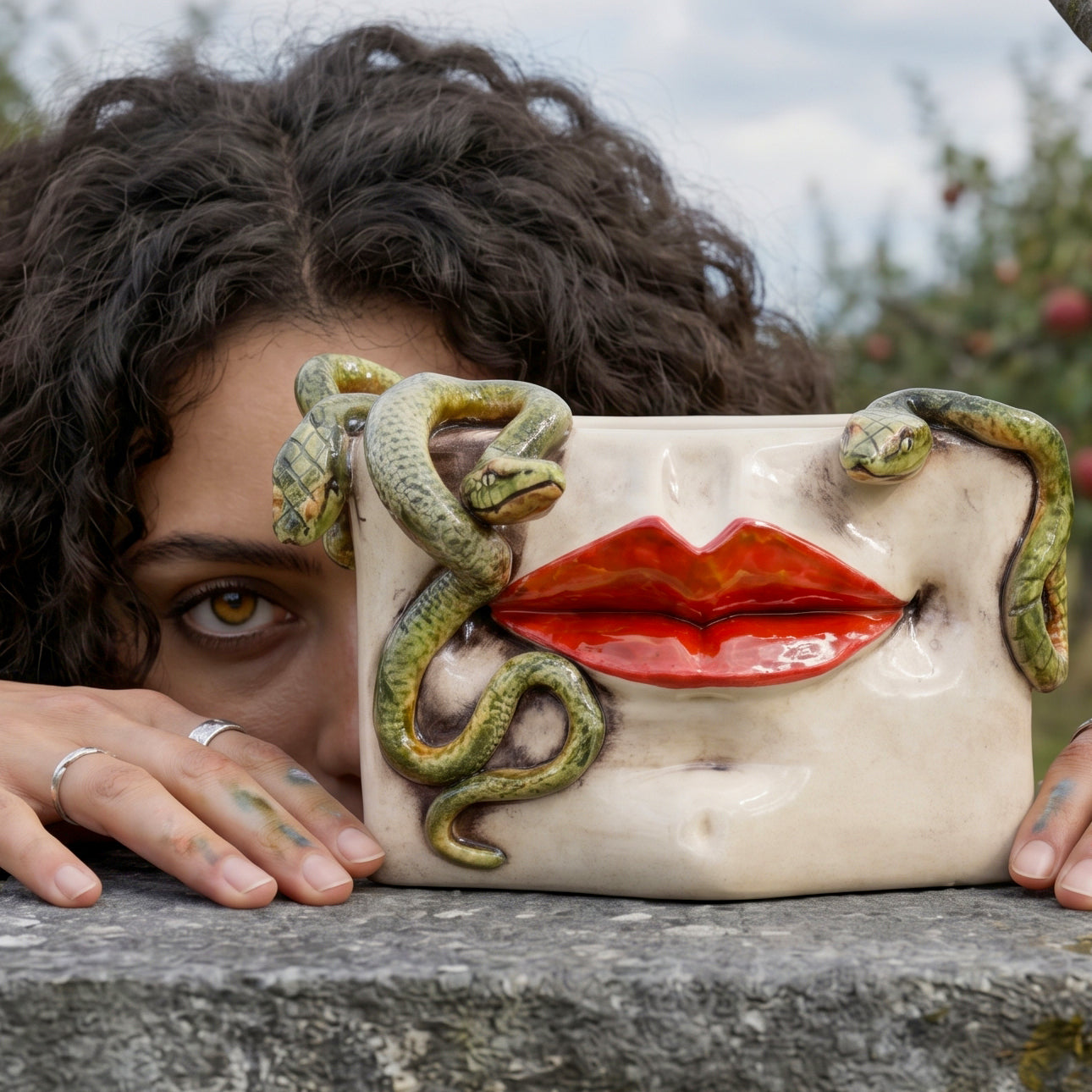 Caltagirone Ceramic Medusa Box — Gold and Lustre Lips, Applied Snakes, Antique Mother of Pearl