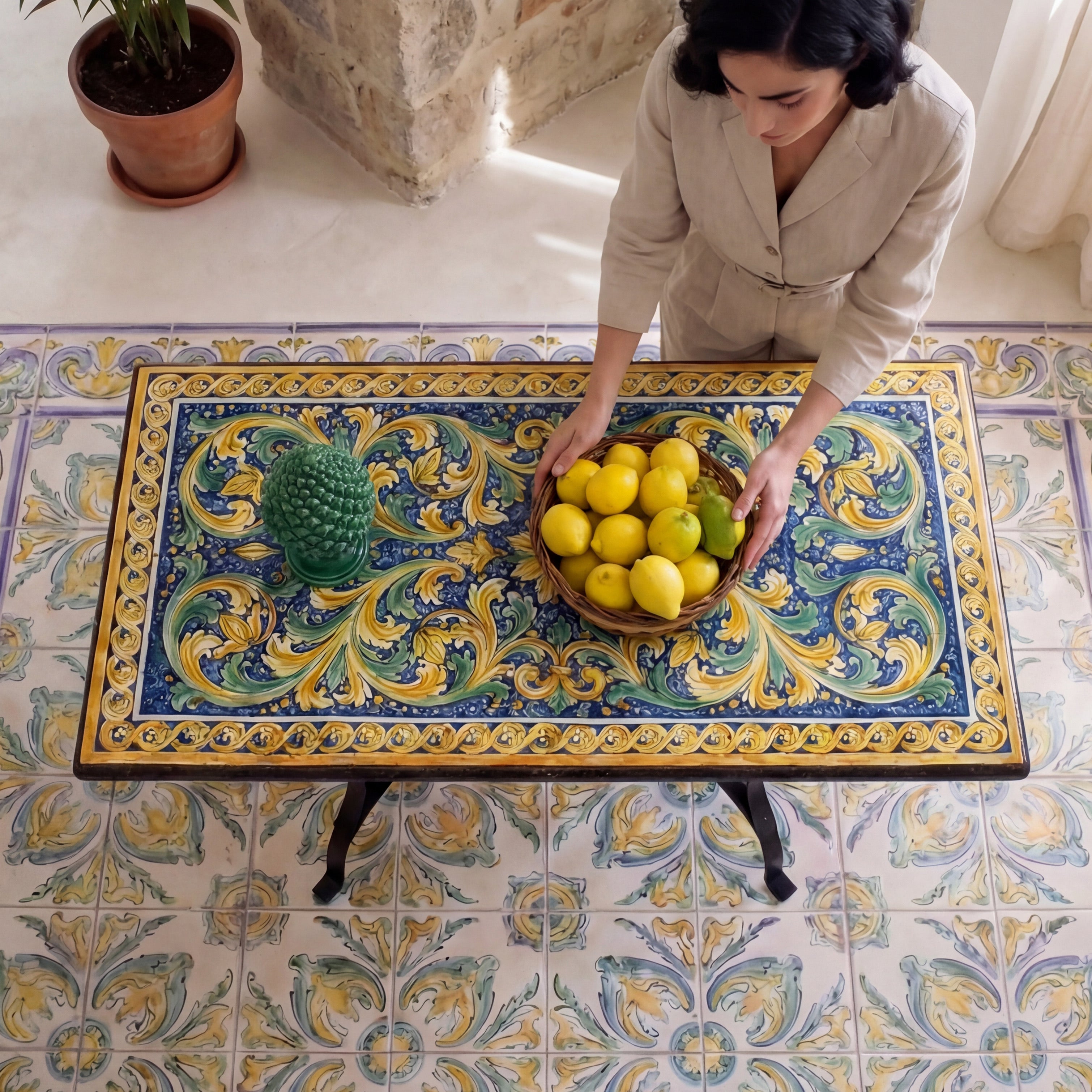 Tavolo in pietra lavica rettangolare cm 75x115 - Decoro ornato calatino - Ceramiche di Caltagirone Sofia