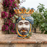 Testa di Moro con Fichi d'India, Maschio Bianco, Blu e Arancio. Ceramica siciliana di Caltagirone, Sofia