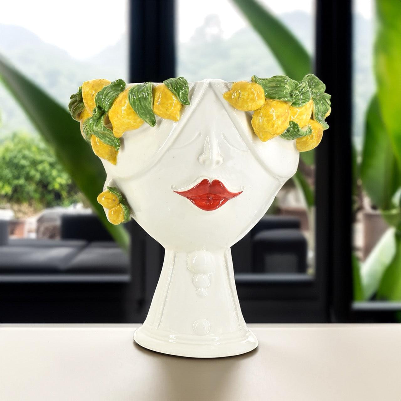 Testa di Moro con limoni "Zahira" donna | White and Lemon 30 cm - Ceramiche di Caltagirone Sofia