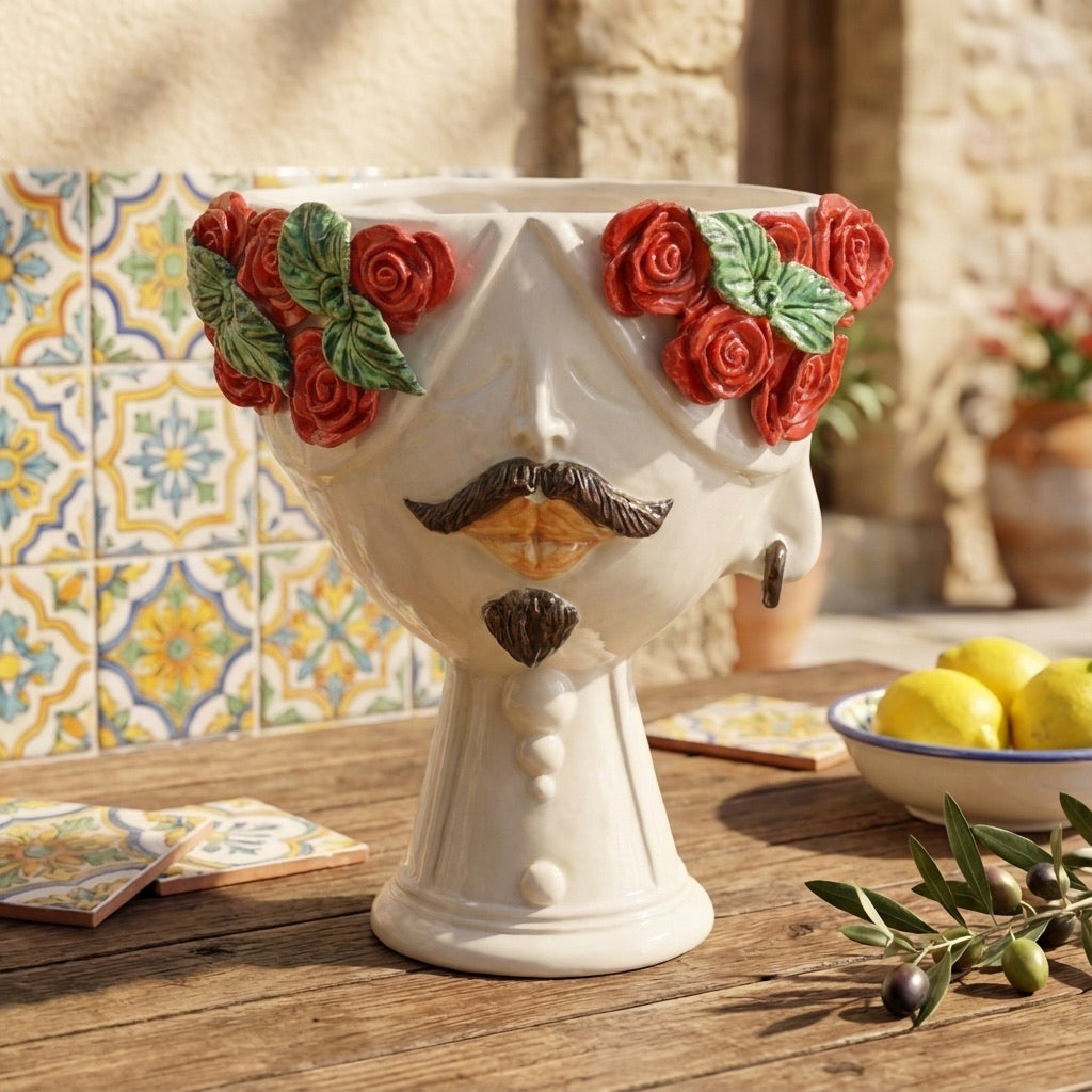 Testa di Moro con rose rosse "Zahira" uomo | White and Color 30 cm - Ceramiche di Caltagirone Sofia