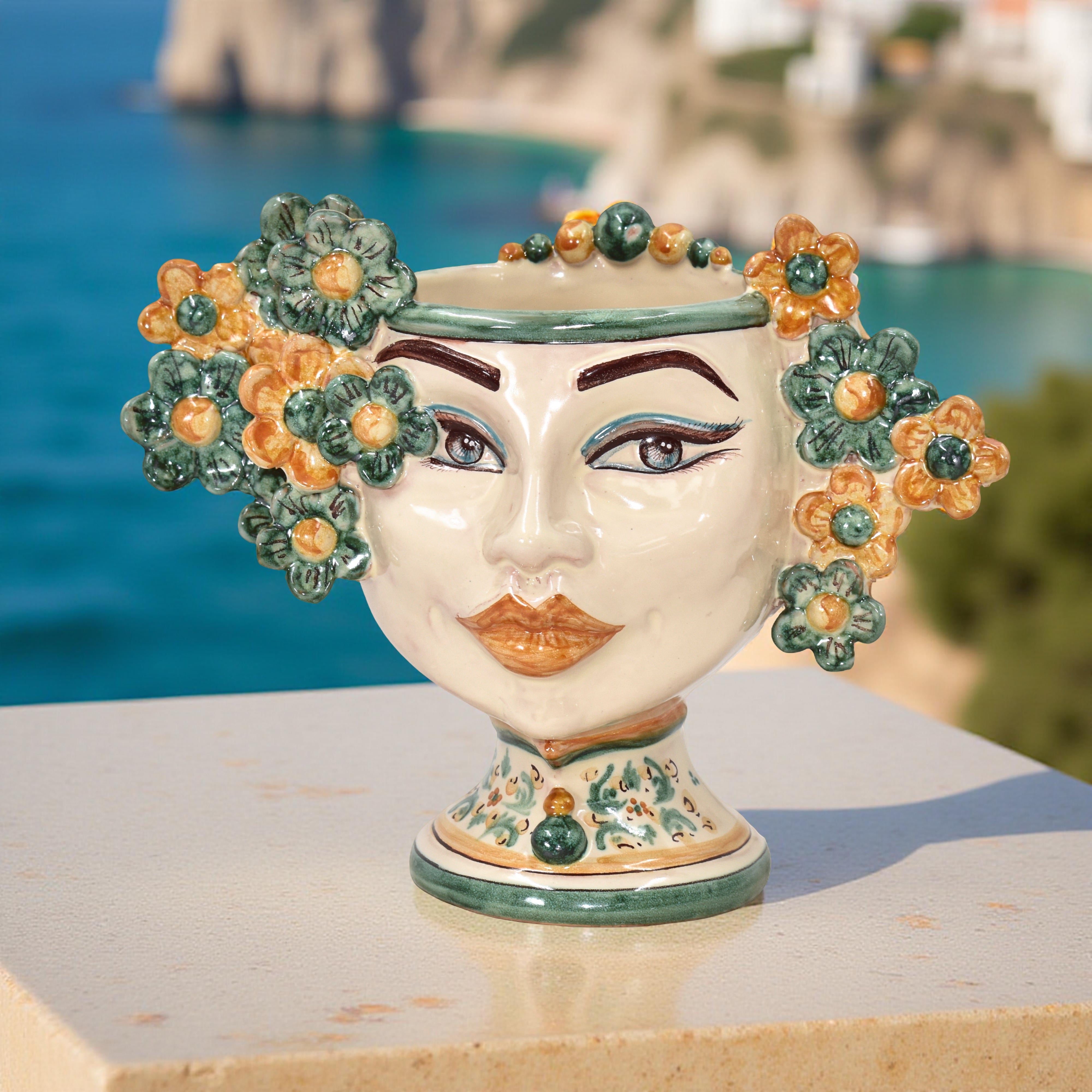 Testa di moro h 20 cm Linea Fiori decoro verde e arancio - Ceramiche di Caltagirone Sofia