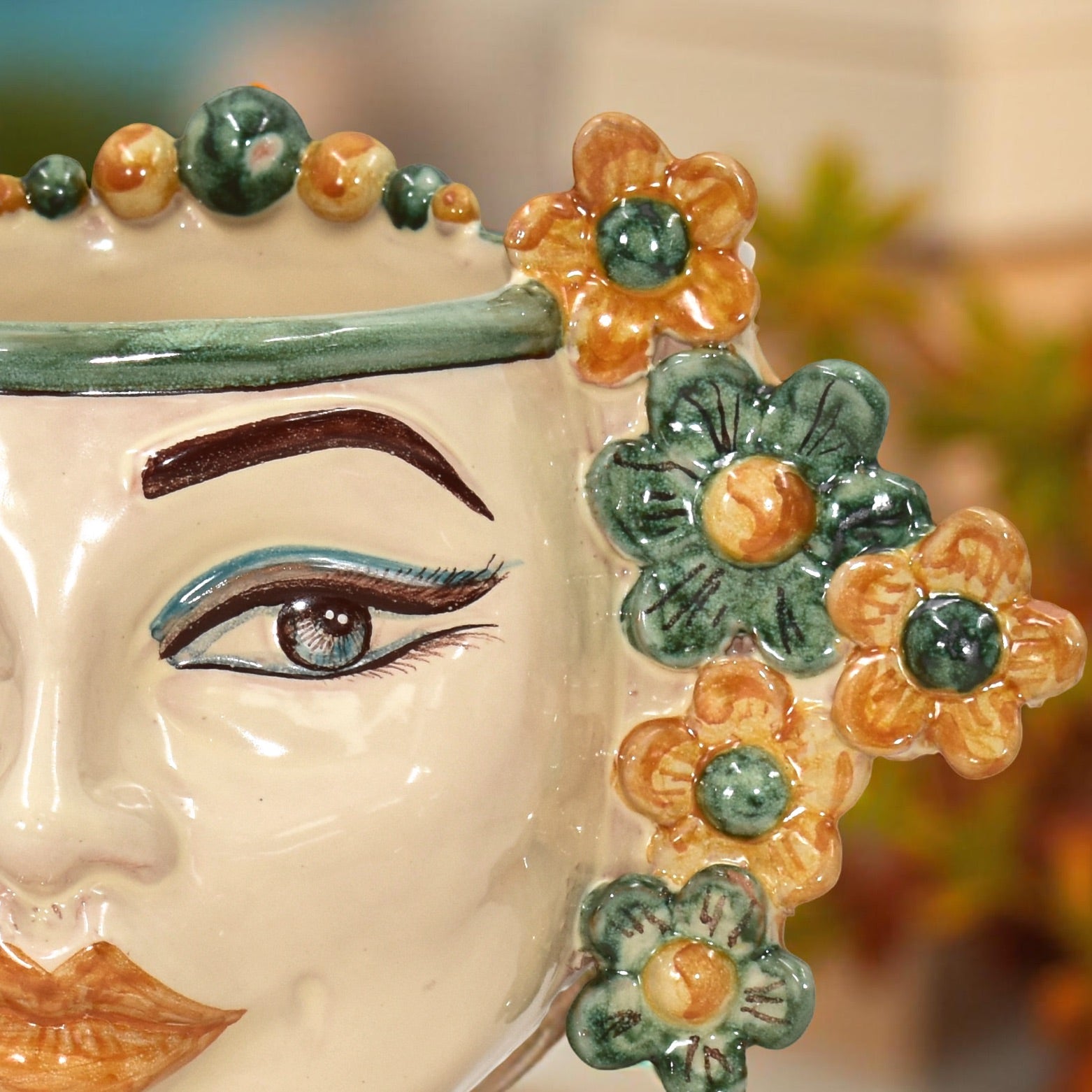 Testa di moro h 20 cm Linea Fiori decoro verde e arancio - Ceramiche di Caltagirone Sofia