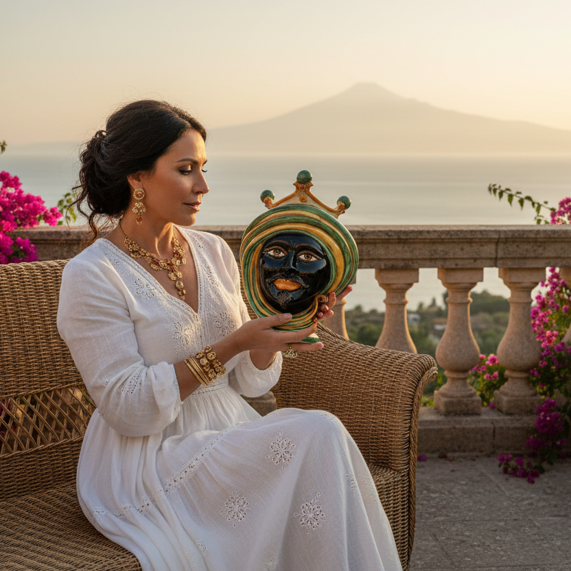 Moor Head Vase h 30 Green and Orange - Modern Moorish heads Sofia Ceramiche