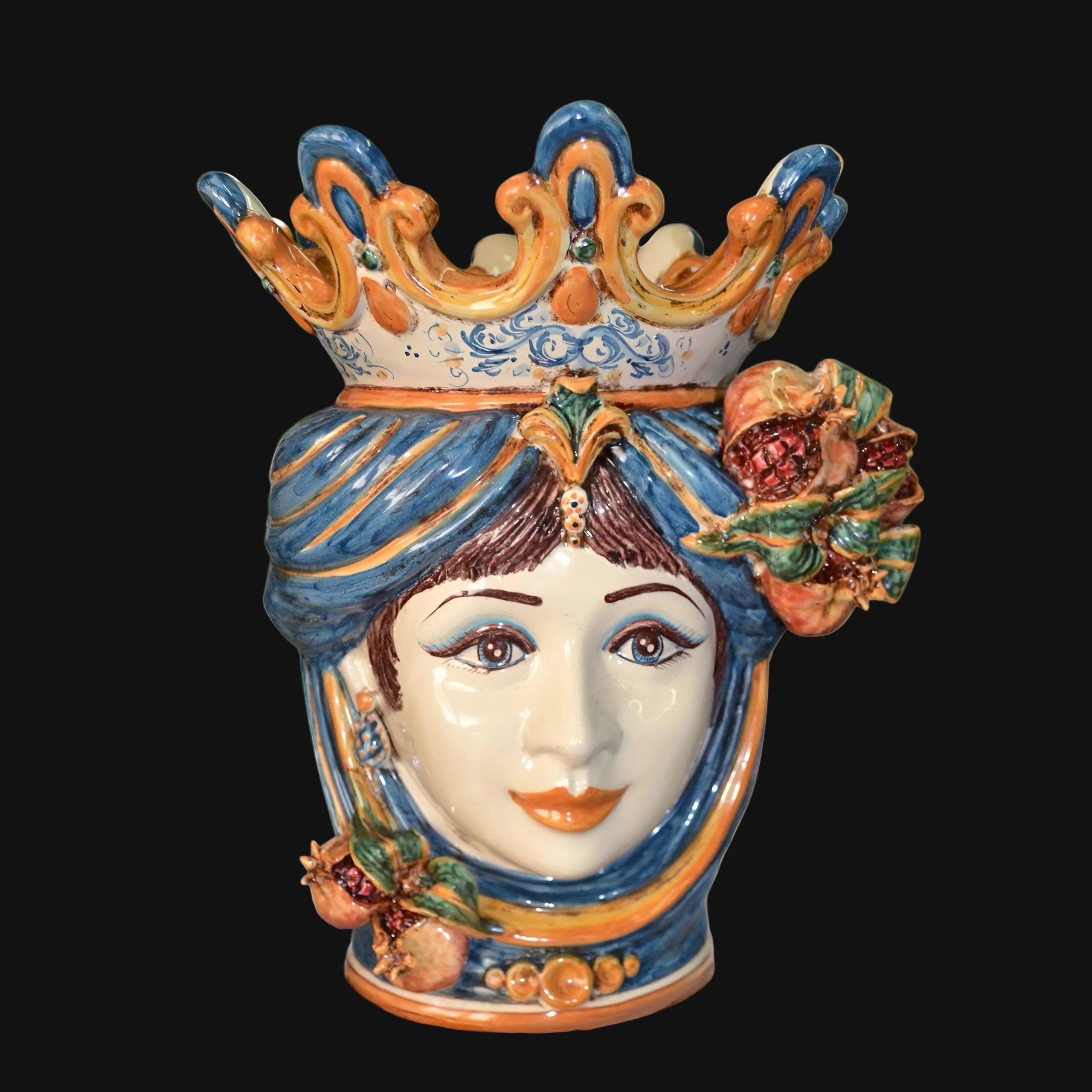 Testa di Moro Vase with Pomegranates Woman, Blue and Orange