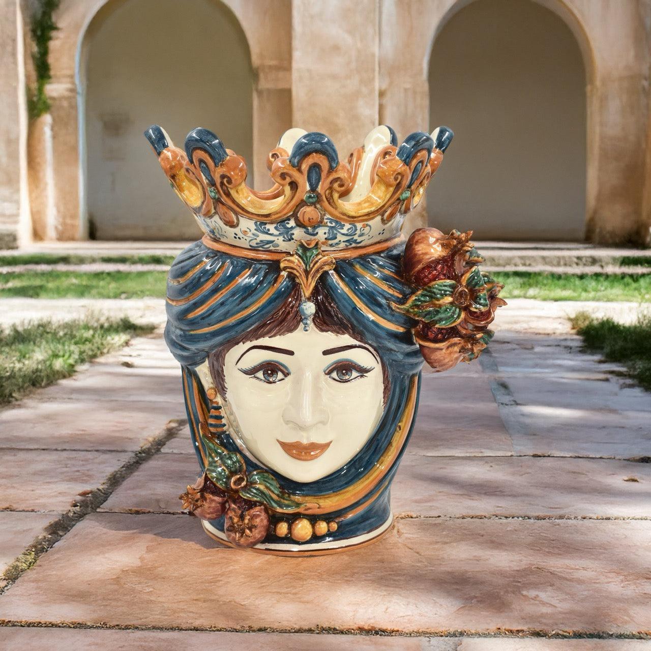 Testa di moro h 40 melograni blu e arancio femmina - Ceramiche di Caltagirone Sofia