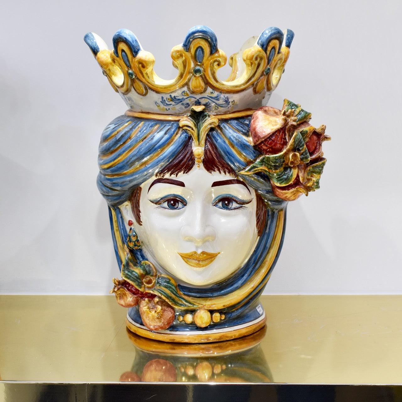 Testa di moro h 40 melograni blu e arancio femmina - Ceramiche di Caltagirone Sofia