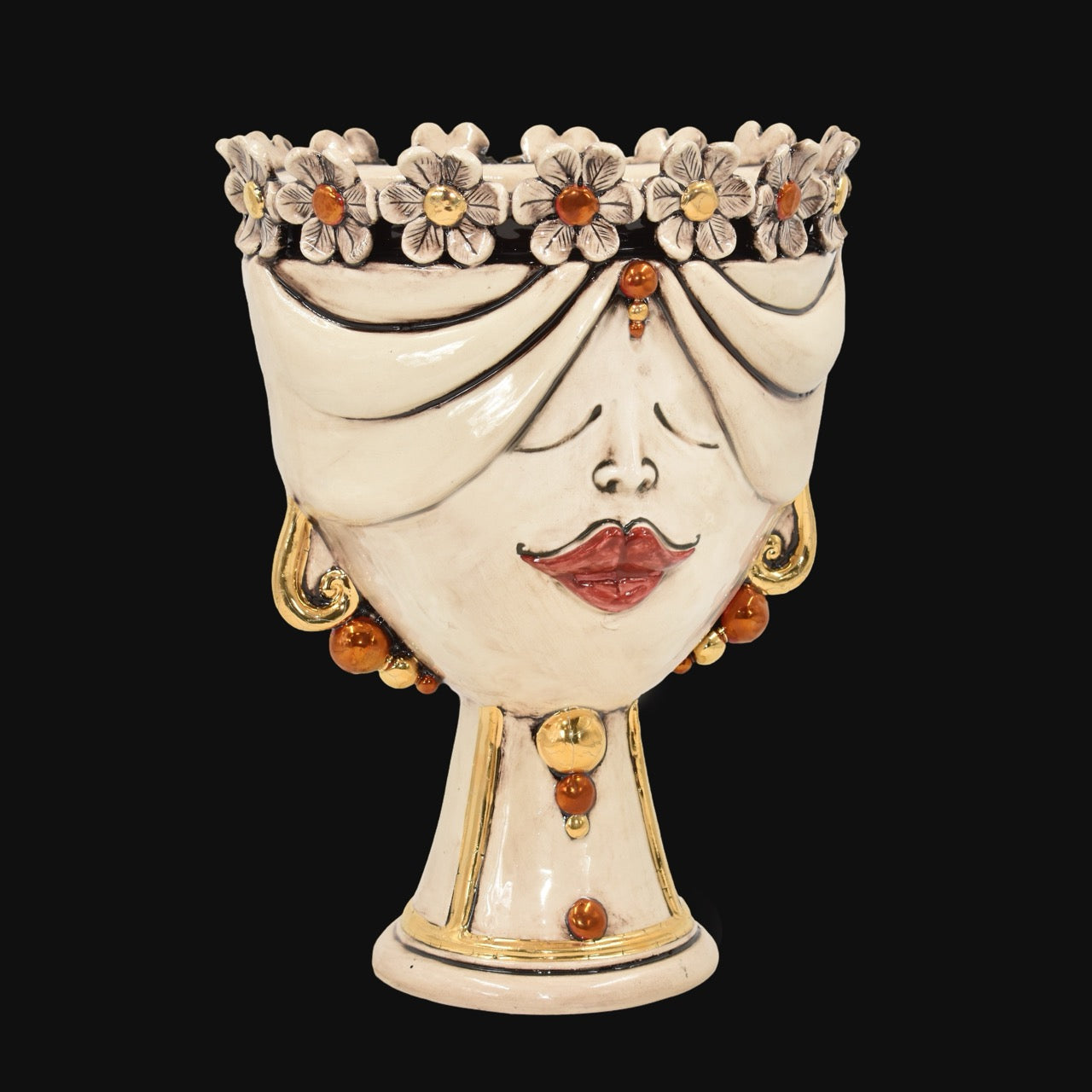 Testa di Moro Zahira Donna con Fiori Madreperla Antichizzato con Oro e Lustri - Ceramiche di Caltagirone Sofia
