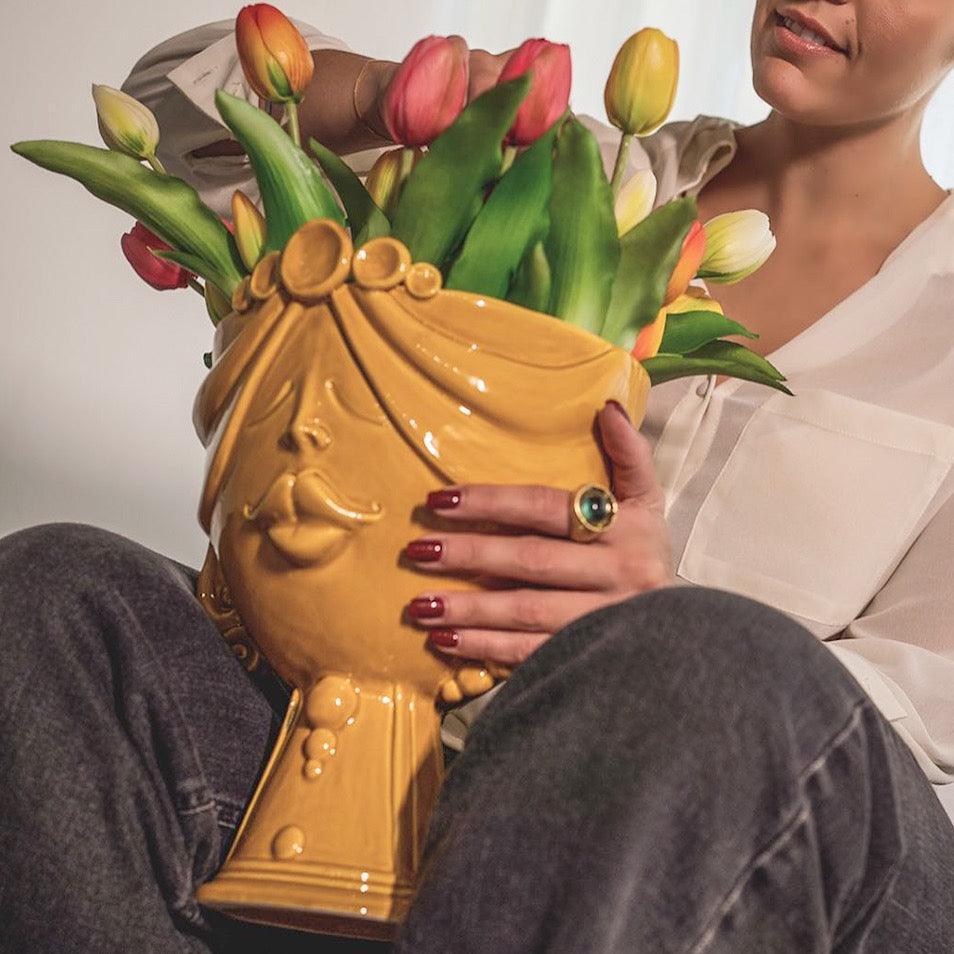 Testa Donna Ceramica Caltagirone | Zahira Senape 30cm - Ceramiche di Caltagirone Sofia