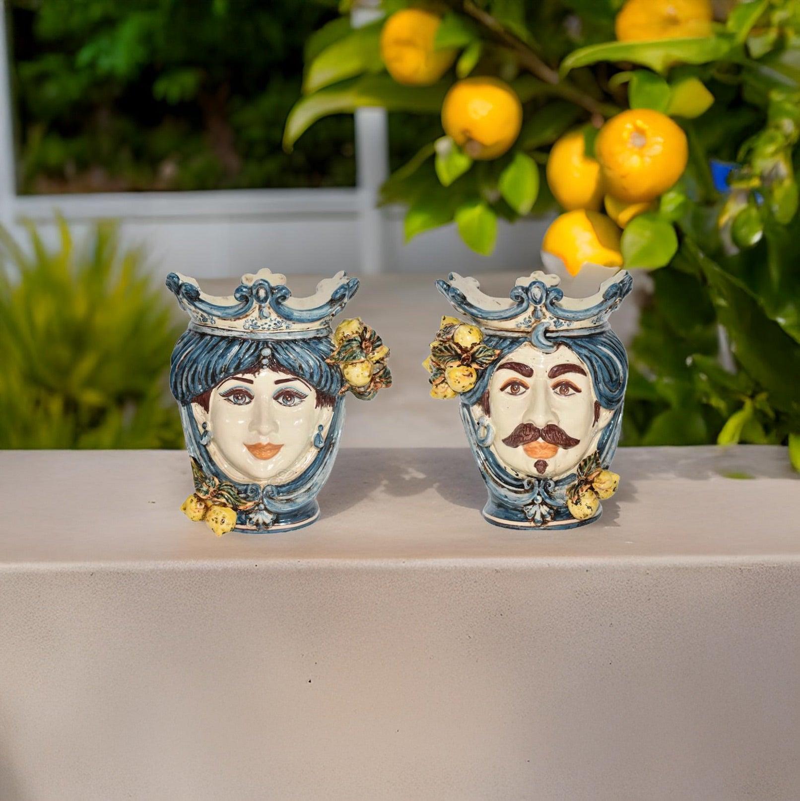 Testa h 25 con limoni mono blu maschio bianco - Ceramiche di Caltagirone Sofia