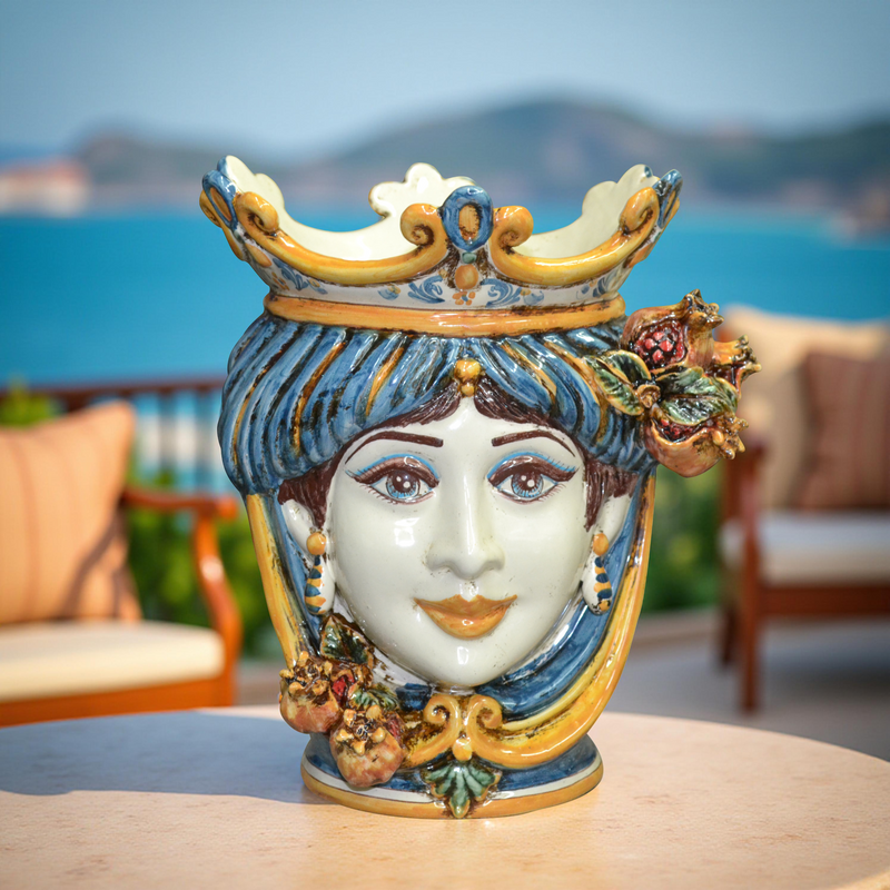 Ceramic Head with pomegranate h 25 blu/orange female