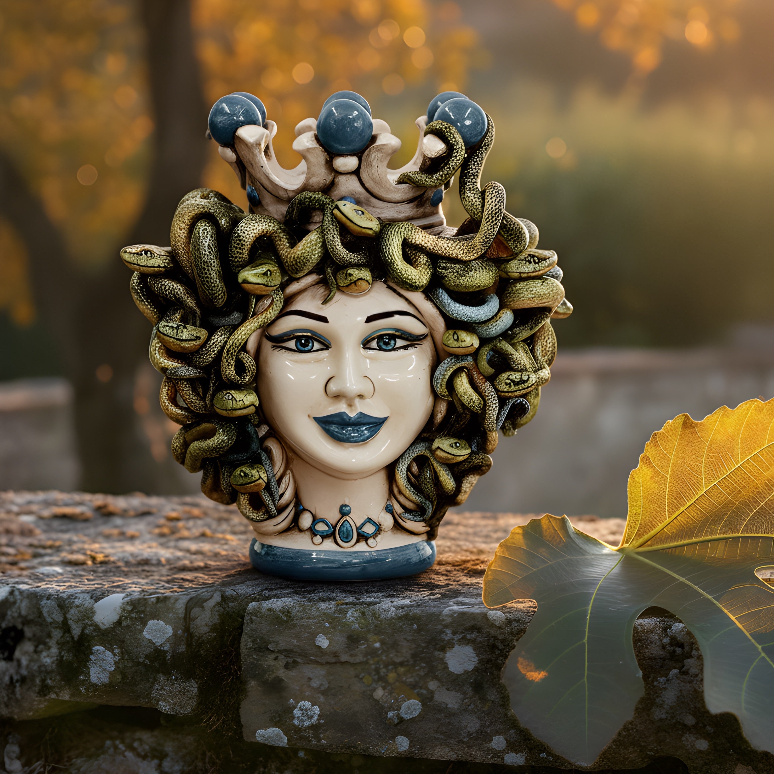 Testa h 25 turbante medusa madreperla colorato perline blu - Ceramiche di Caltagirone Sofia