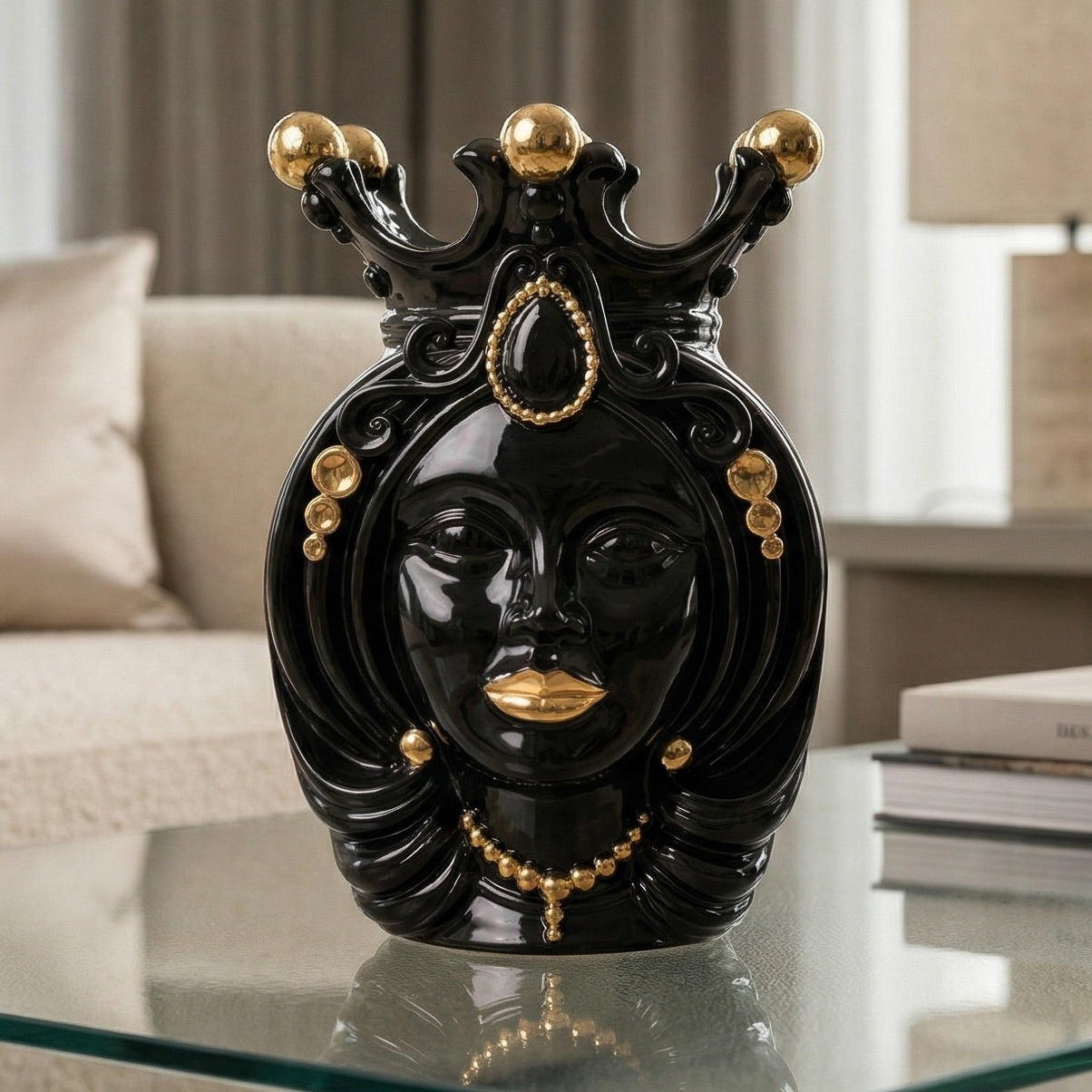 Sicilian Moor's Head H 38 cm / 15", Woman, Black and Gold – Testa di Moro from Caltagirone, Sicily