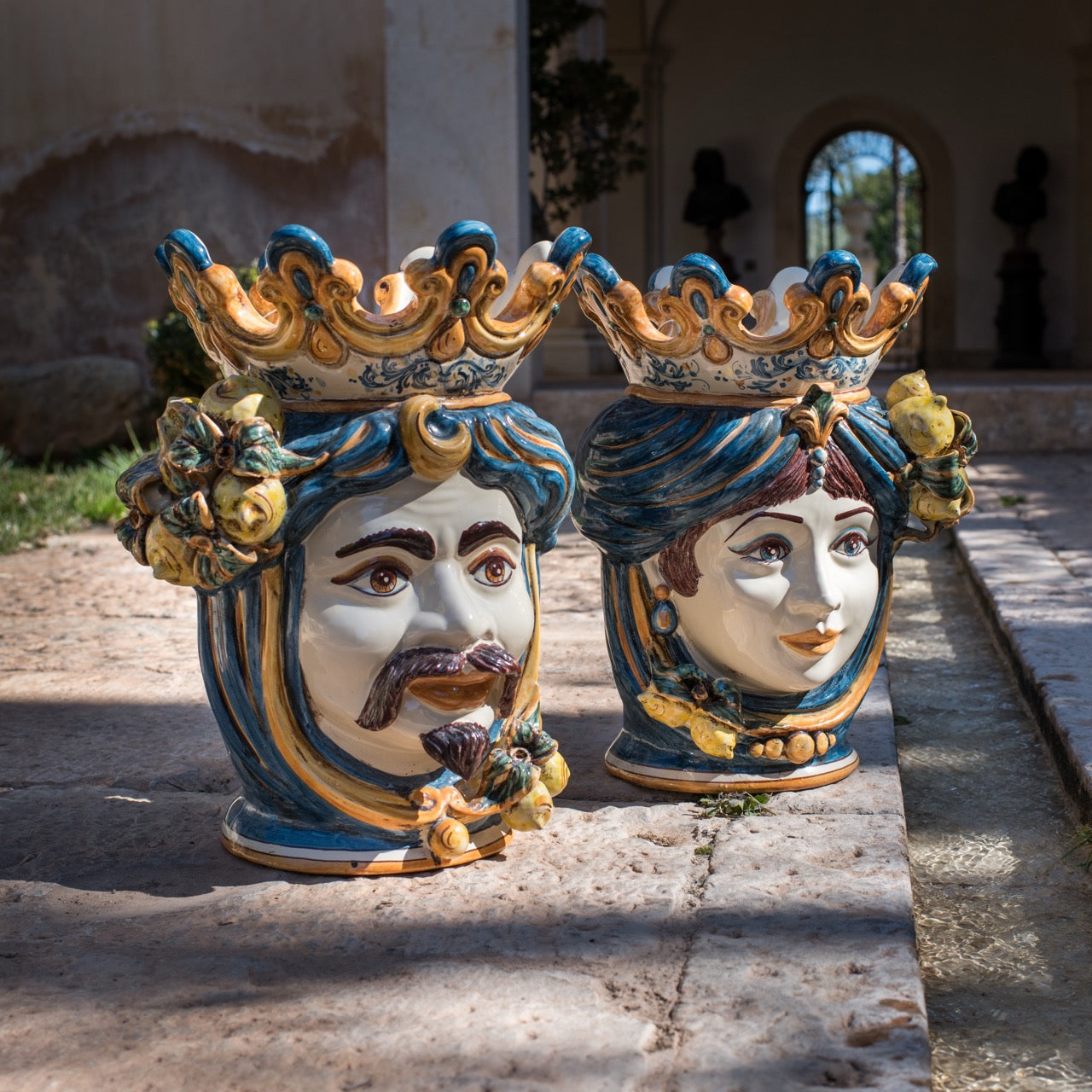 Testa h 40 limoni blu e arancio femmina - Ceramiche di Caltagirone Sofia