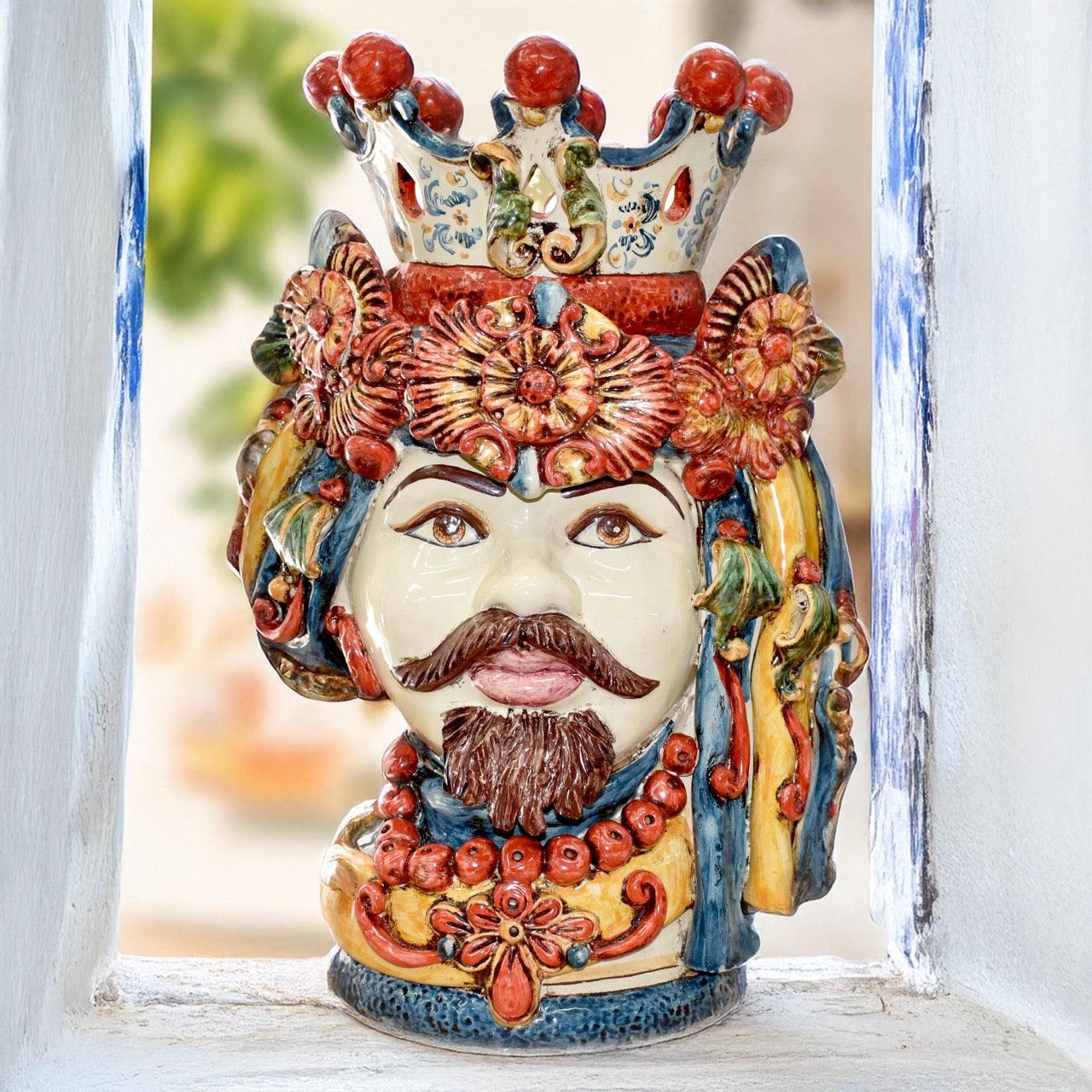 Testa h 50 c/turbante decoro sicily maschio bianco - Ceramiche di Caltagirone Sofia