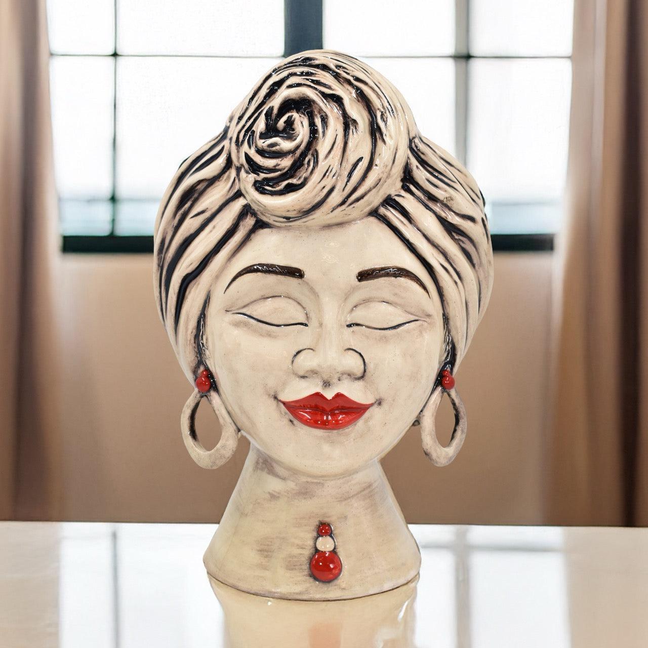 Testa sognia h 40 madreperla antichizzato perline rosse femmina viso lucido - Ceramiche di Caltagirone Sofia