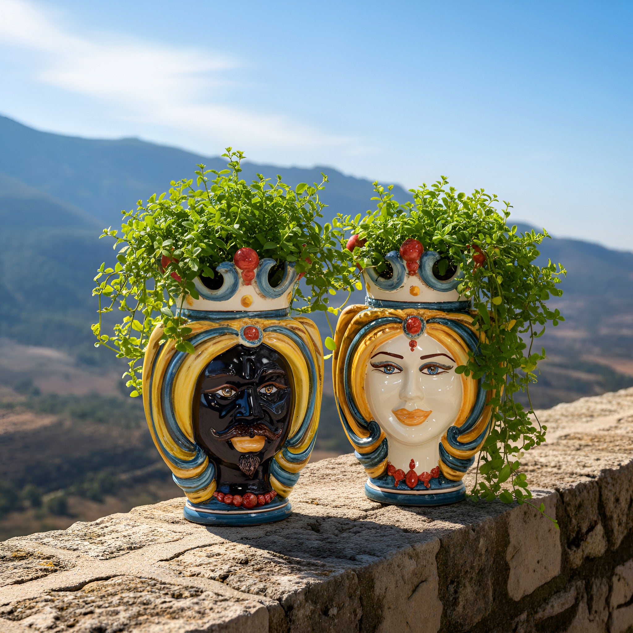 Head h 25 Blue/orange/red turban - Caltagirone Sofia ceramics
