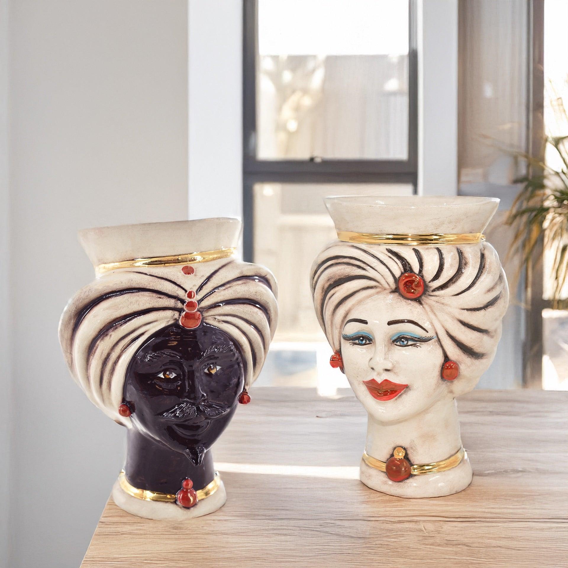 Teste di moro h 16 tuareg madreperla antichizzato Oro e Lustri - Ceramiche di Caltagirone Sofia