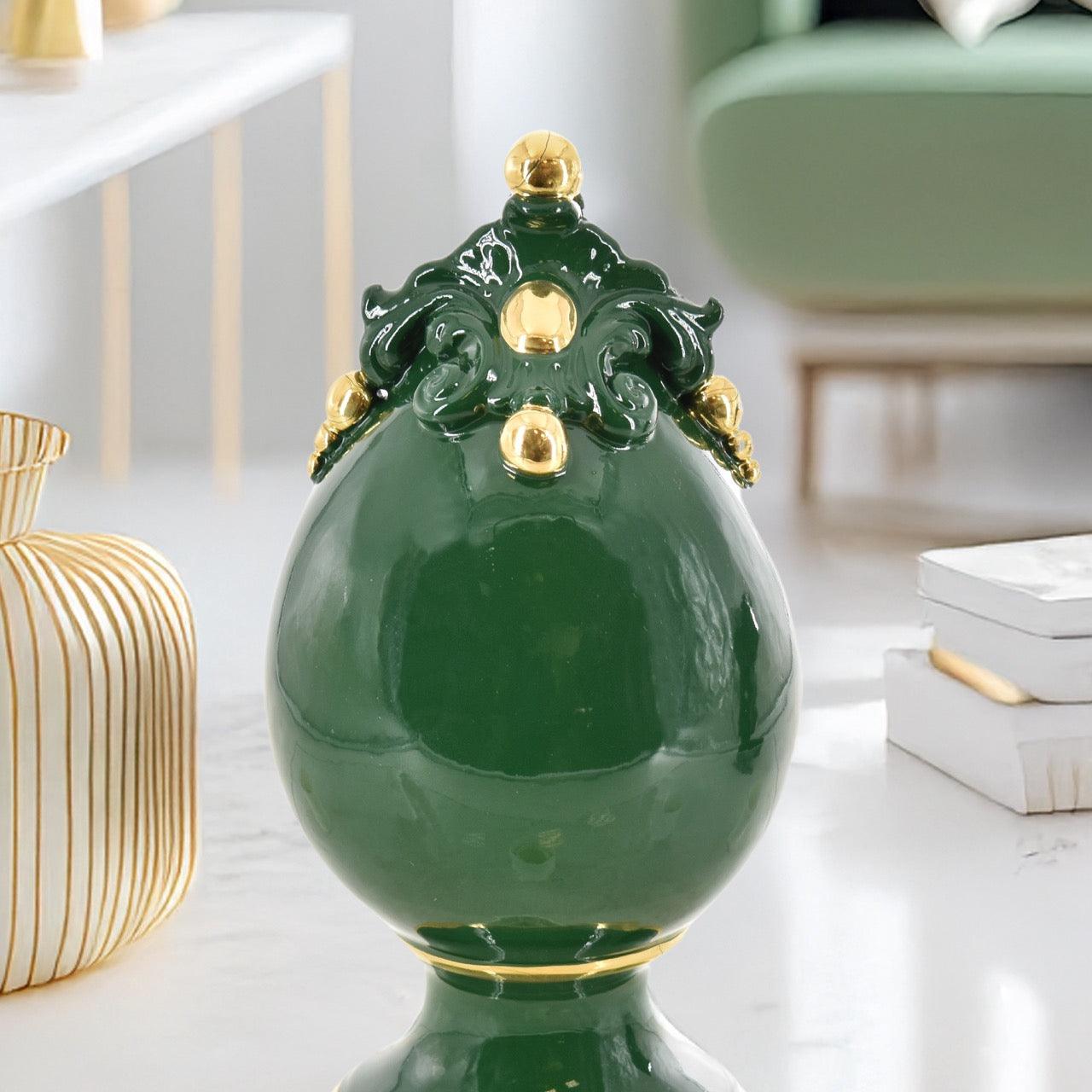 Uovo c/piede h 18 plastico sofia verde antico e oro - Ceramiche di Caltagirone Sofia